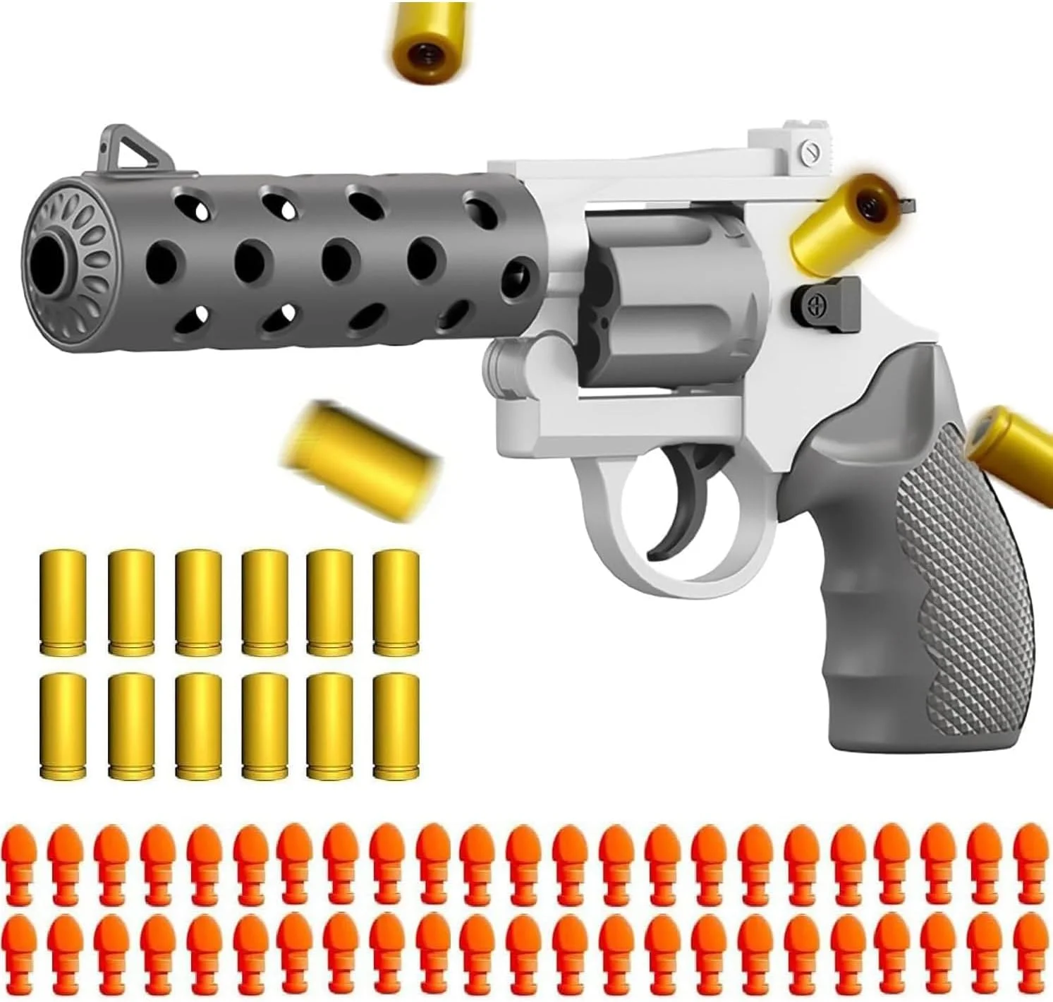 اسباب بازی تفنگ رولور Moonmen با پرتاب پوکه و تیرهای فومی نرم، مناسب برای بازی های تیراندازی، مدل آموزشی، هدیه برای کودکان پسر و دختر (خاکستری و سفید)