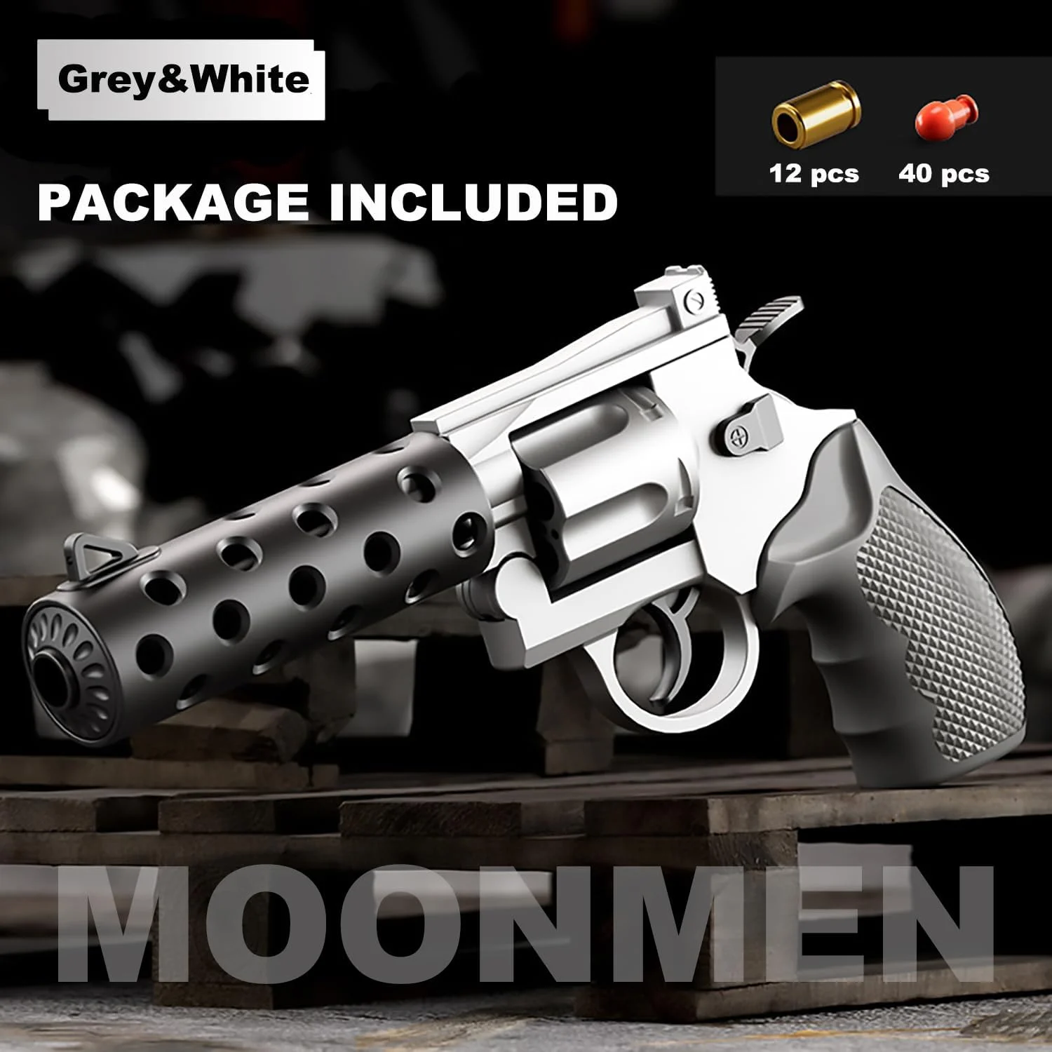 اسباب بازی تفنگ رولور Moonmen با پرتاب پوکه و تیرهای فومی نرم، مناسب برای بازی های تیراندازی، مدل آموزشی، هدیه برای کودکان پسر و دختر (خاکستری و سفید)