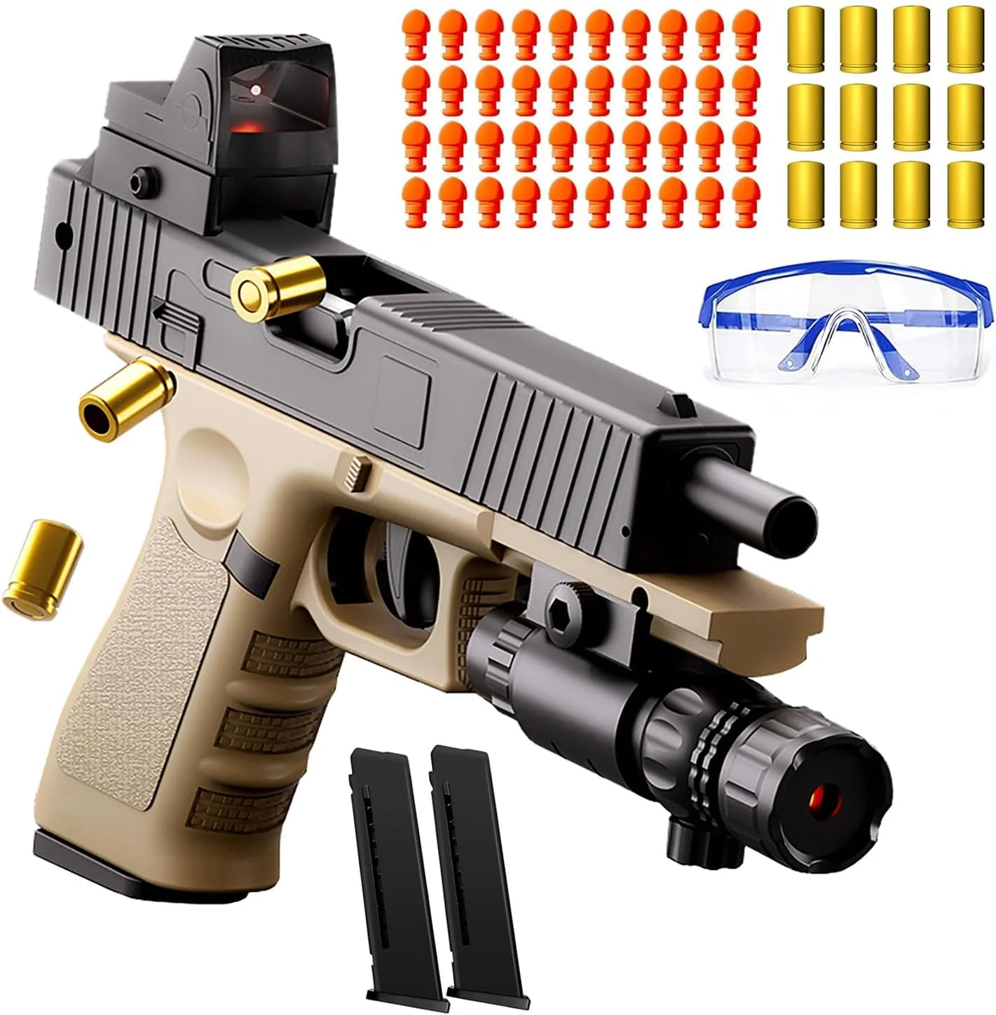 تفنگ اسباب بازی تیر فومی نرم Moonmen، تفنگ اسباب بازی پرتاب کننده پوکه اتوماتیک، 40 تیر فومی نرم، 2 خشاب، مدل آموزشی (خاکی)