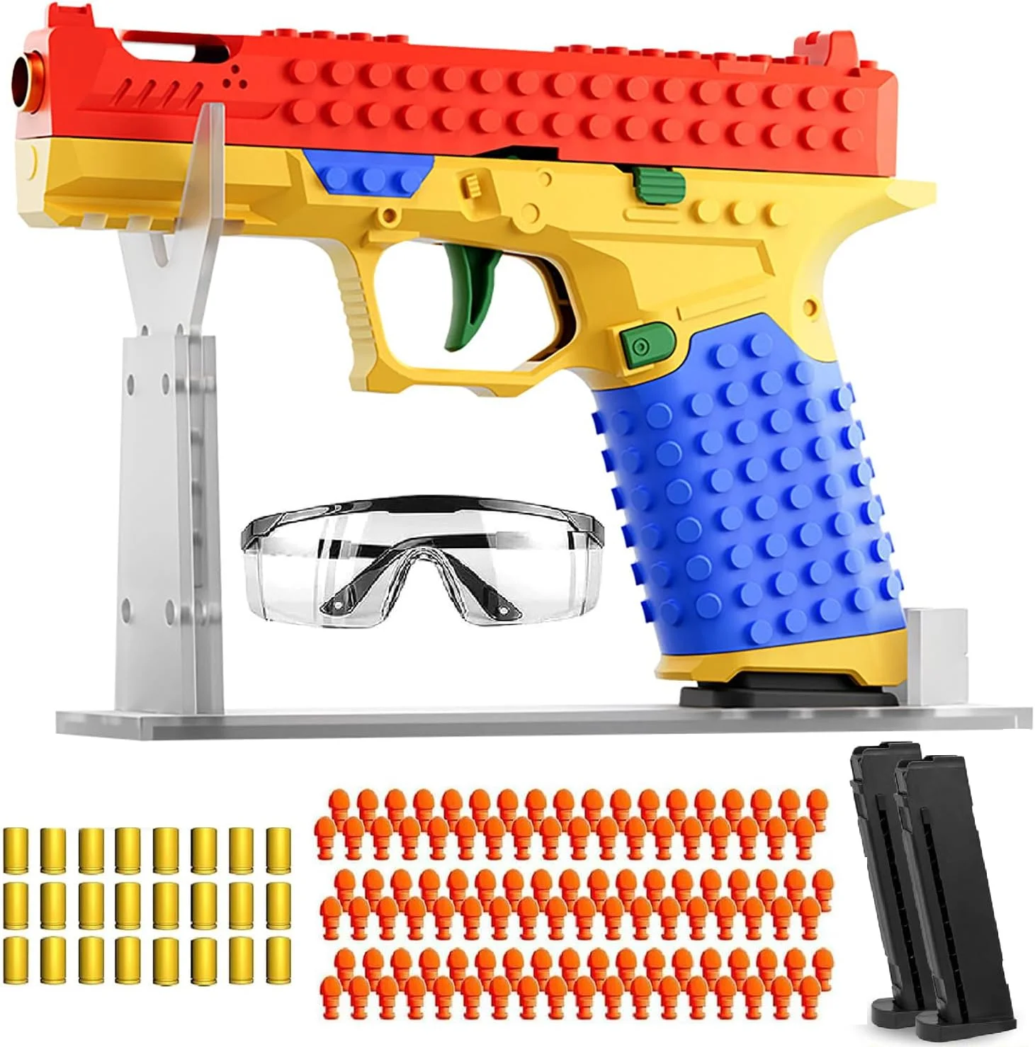 اسباب بازی تفنگ بلوک ساختنی مونمن، تفنگ اسباب بازی پرتاب کننده پوکه با قابلیت بارگیری مجدد خودکار به همراه 120 تیر و 2 خشاب، مدل آموزشی تفنگ بادی بازی تیراندازی برای کودکان (بلوک ساختنی G17)