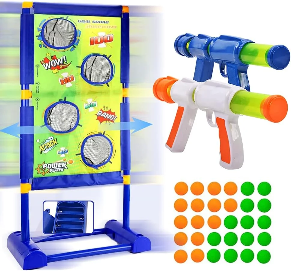 اسباب بازی بازی تیراندازی برای پسران و دختران 5-12 ساله، اسباب بازی های فضای باز 2 تفنگ بادی توپ فوم با هدف تیراندازی متحرک، 30 توپ فوم، هدیه ایده آل برای کودکان