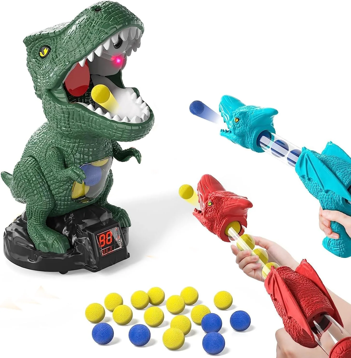 اسباب بازی تیراندازی دایناسور برای پسران 4، 5، 6، 7 و 8 ساله، بازی تیراندازی به هدف متحرک دایناسور با 2 تفنگ پمپی و 48 گلوله فومی، ثبت امتیاز، LED و صدا برای کودکان 4، 5، 6، 7، 8، 9 و 10 ساله