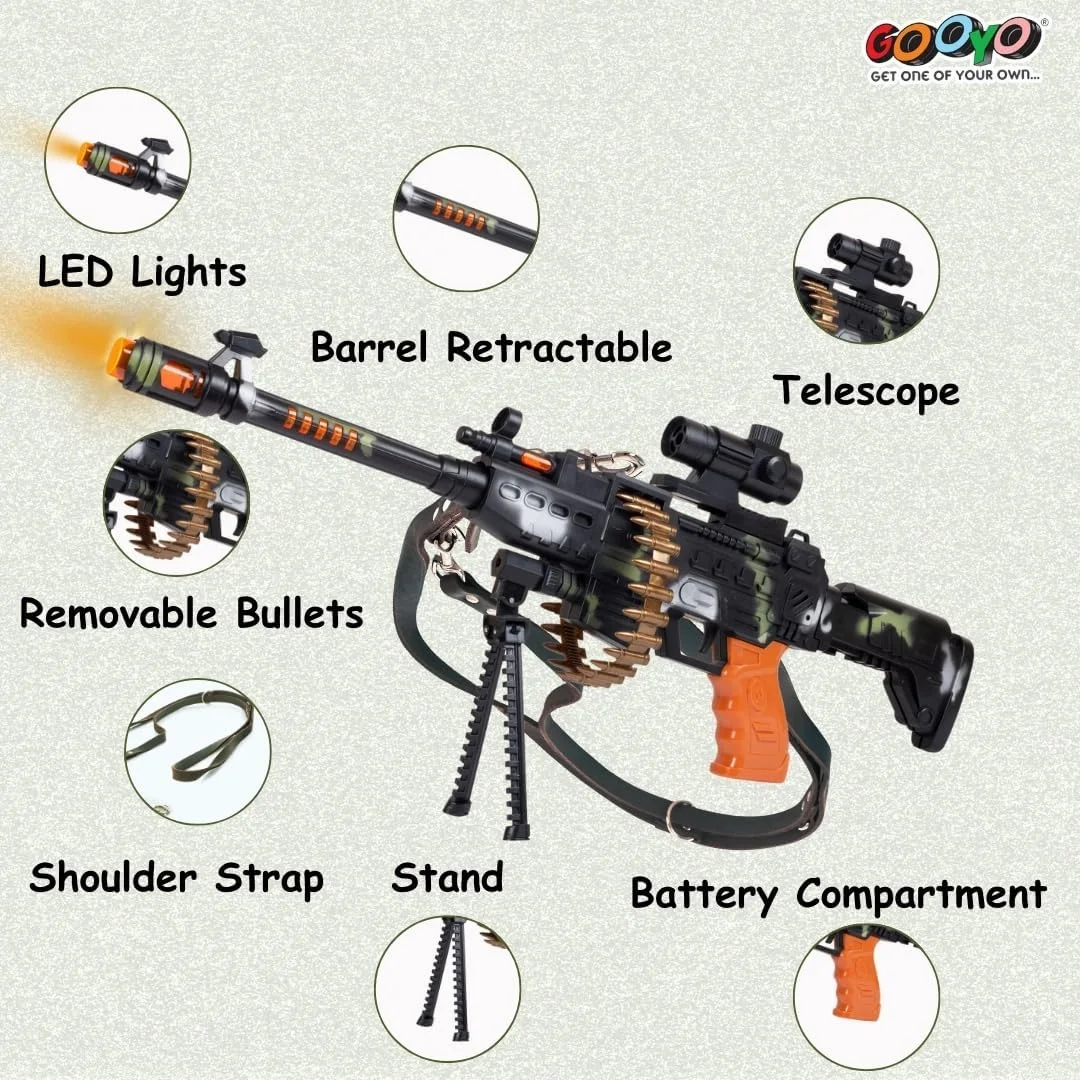 اسباب بازی مسلسل چرخشی Gooyo GY-8626 با پایه و بند حمل، چراغ های چشمک زن و جلوه صوتی | طرح ارتشی/چند رنگ، منبع تغذیه: 3 عدد باتری قلمی (شامل نمی شود)