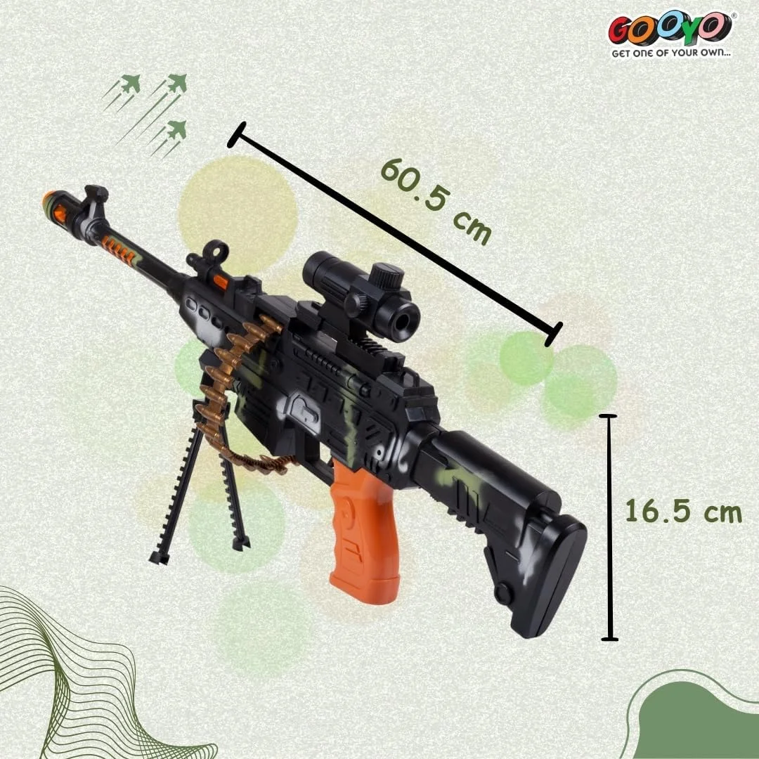 اسباب بازی مسلسل چرخشی Gooyo GY-8626 با پایه و بند حمل، چراغ های چشمک زن و جلوه صوتی | طرح ارتشی/چند رنگ، منبع تغذیه: 3 عدد باتری قلمی (شامل نمی شود)