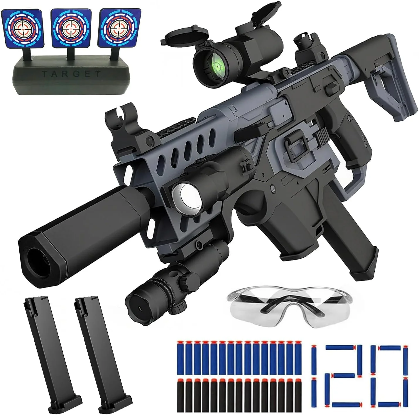 تفنگ اسباب بازی تیر پرتابی نرم به همراه لوازم جانبی، تفنگ تک تیرانداز اسباب بازی، تفنگ پرتابی فوم با 100 تیر، نور مادون قرمز و چراغ قوه (خاکستری)