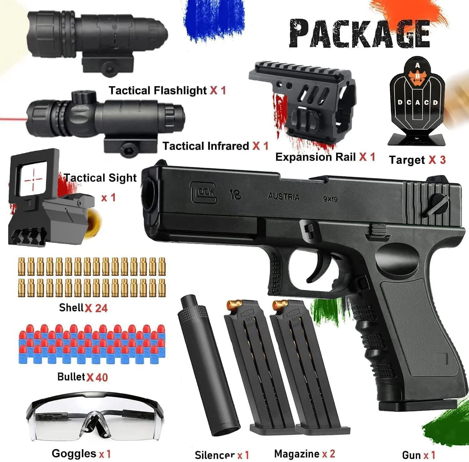 اسباب بازی تفنگ گلوله نرم Glock به همراه خشاب، گلوله و صدا خفه کن - هدیه ای برای کودکان (مشکی)