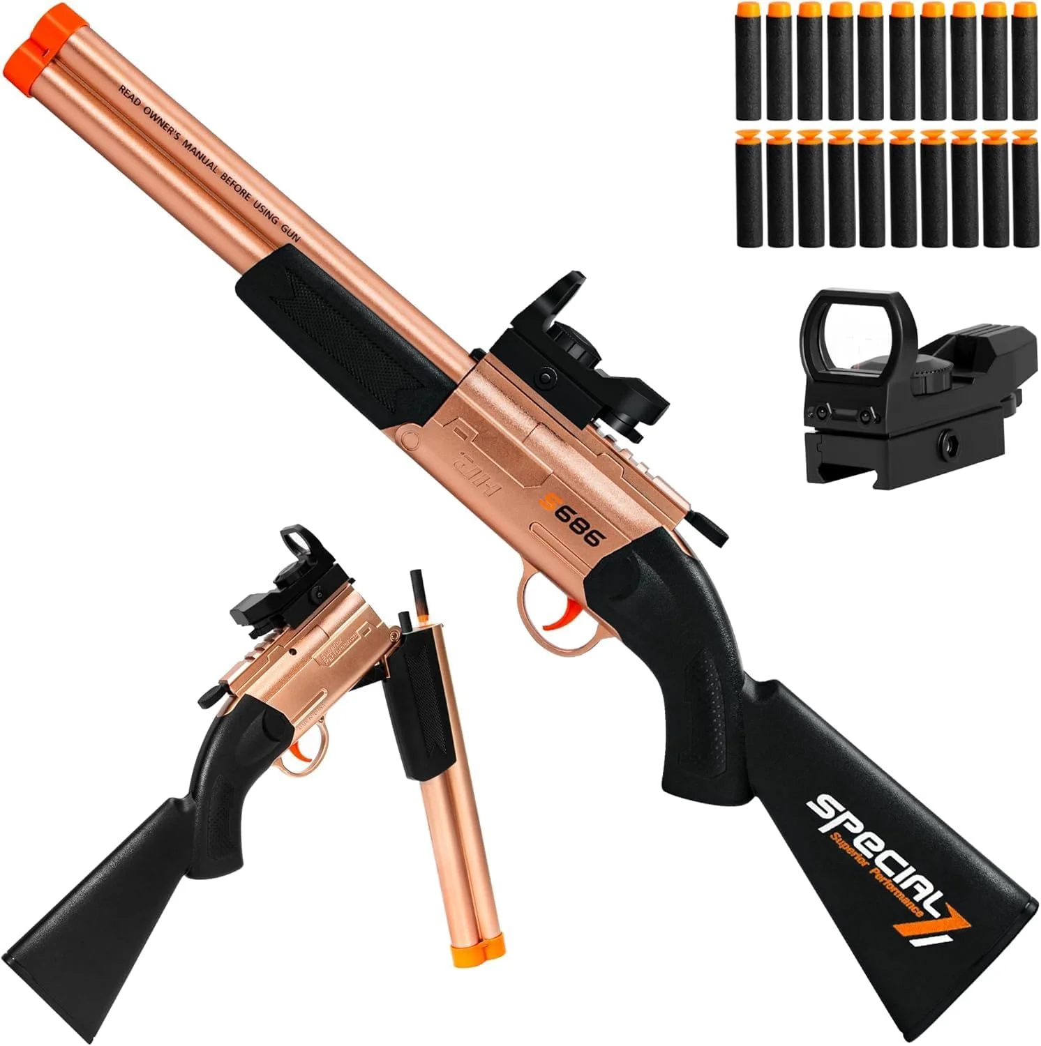 تفنگ اسباب بازی با لوازم جانبی، تفنگ ساچمه ای دو لول با 20 تیر فومی EVA، تفنگ فومی اسباب بازی برای کودکان، نوجوانان، پسران، هدیه تعطیلات (طلایی S686)