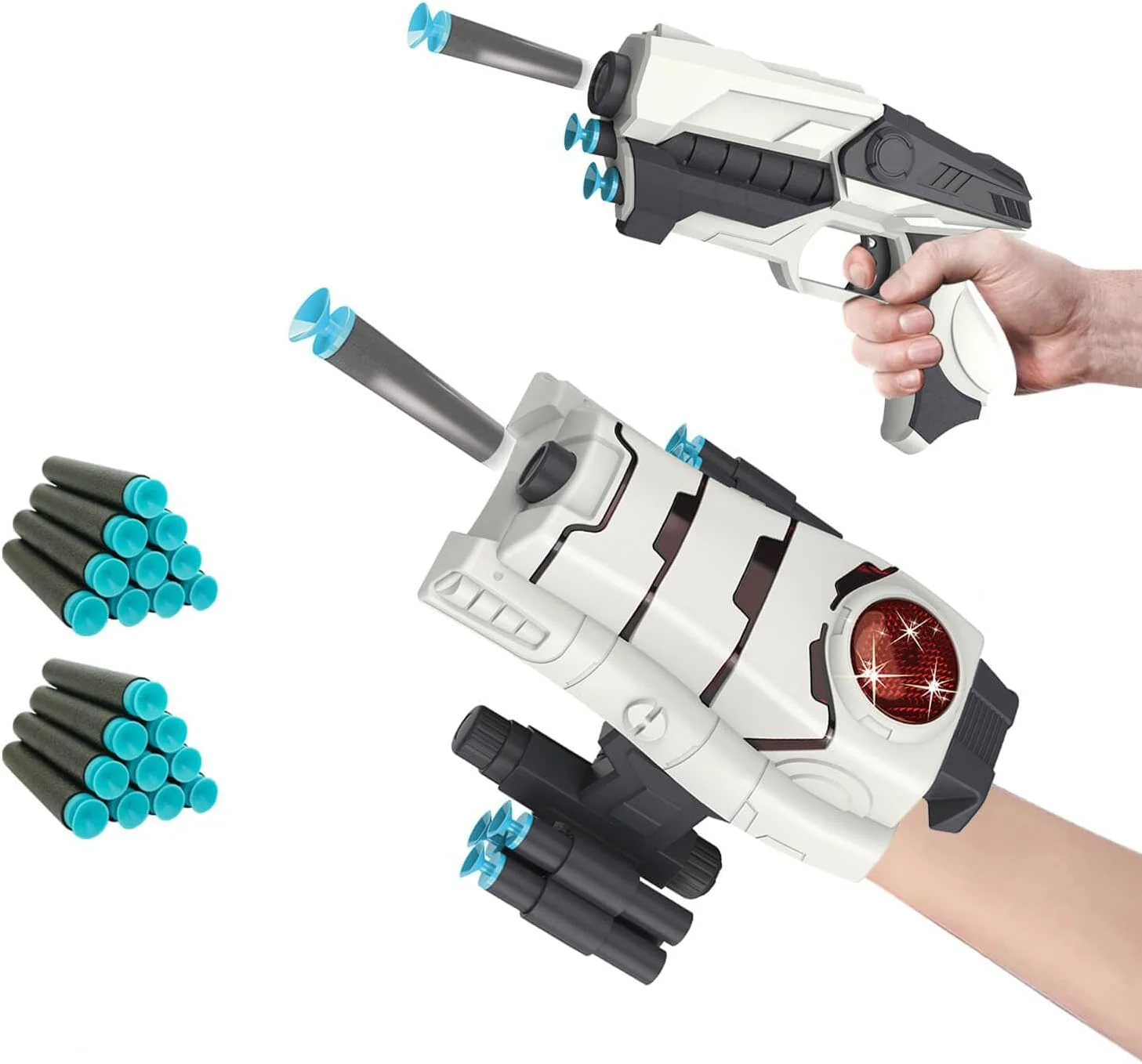 تفنگ اسباب بازی پرتاب دارت جنگ ستارگان کهکشانی، اسباب بازی تفنگ فوم برای پسران 5 6 7 8 9+ ساله، اسباب بازی دستکش انفجاری قدرت ابرقهرمانی با 20 دارت برای هدایای تولد و کریسمس