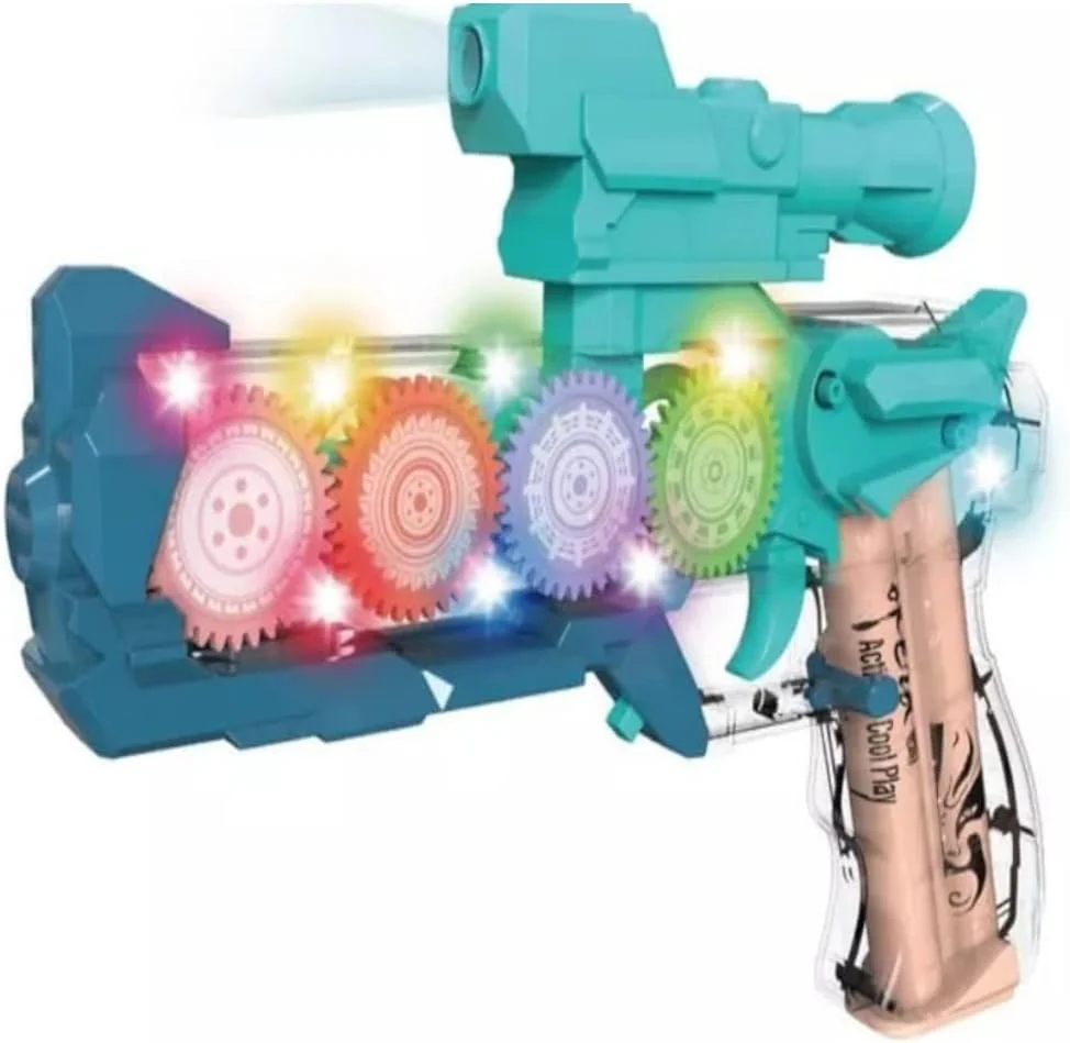 اسباب بازی تفنگ با ساختار دنده ای مکانیکی شفاف و نورانی بیلا، اسباب بازی تفنگ مفهومی با دنده های متحرک و نور سه بعدی چشمک زن رنگارنگ برای کودکان