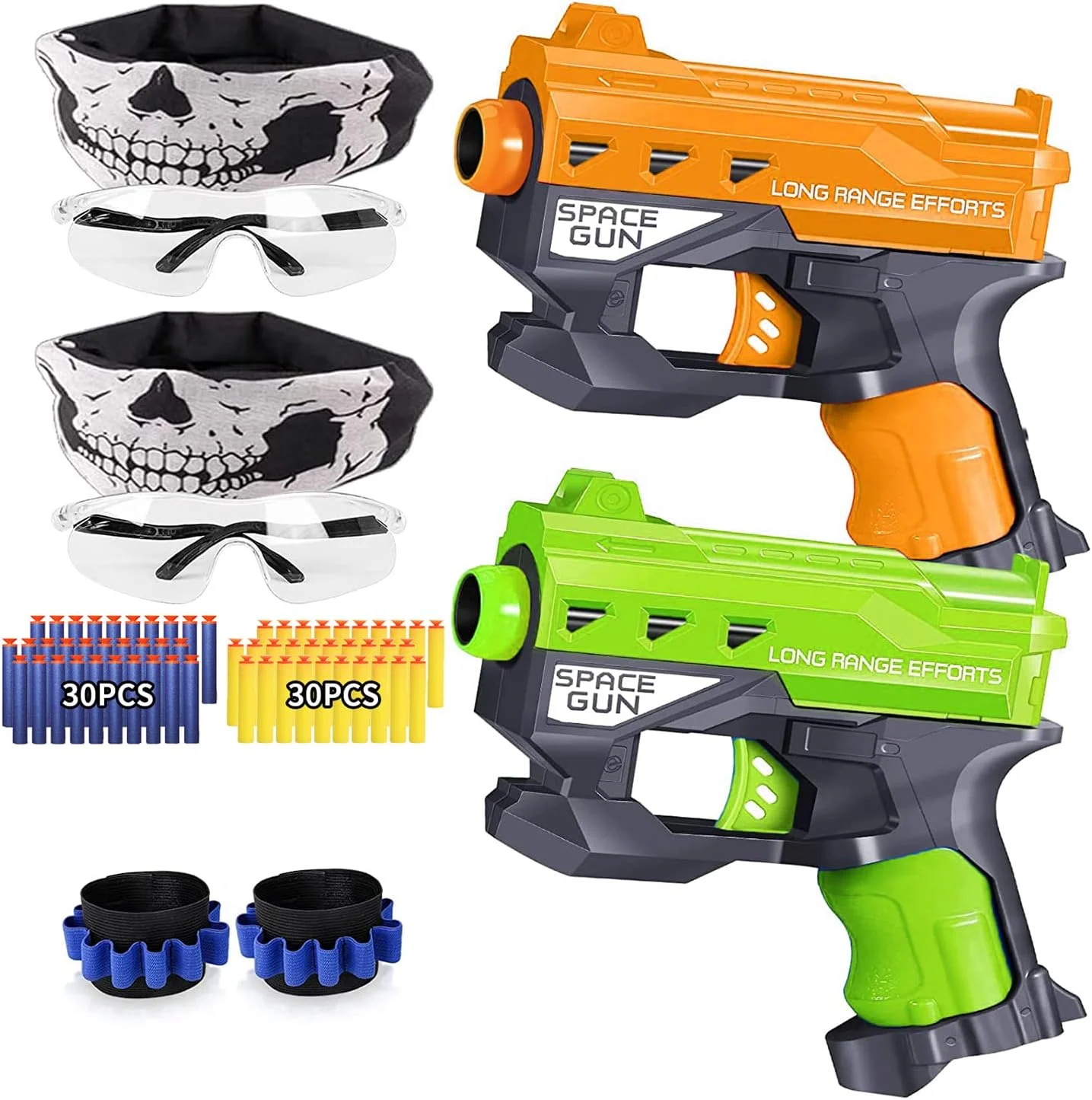 اسباب بازی تفنگ پرتابی 2 عددی به همراه 60 تیر و 2 مچ بند، اسباب بازی تفنگ پرتابی مناسب سنین 3 تا 9 سال، هدیه تولد و کریسمس به همراه 2 عینک ایمنی/ماسک صورت مناسب کودکان 6 سال به بالا