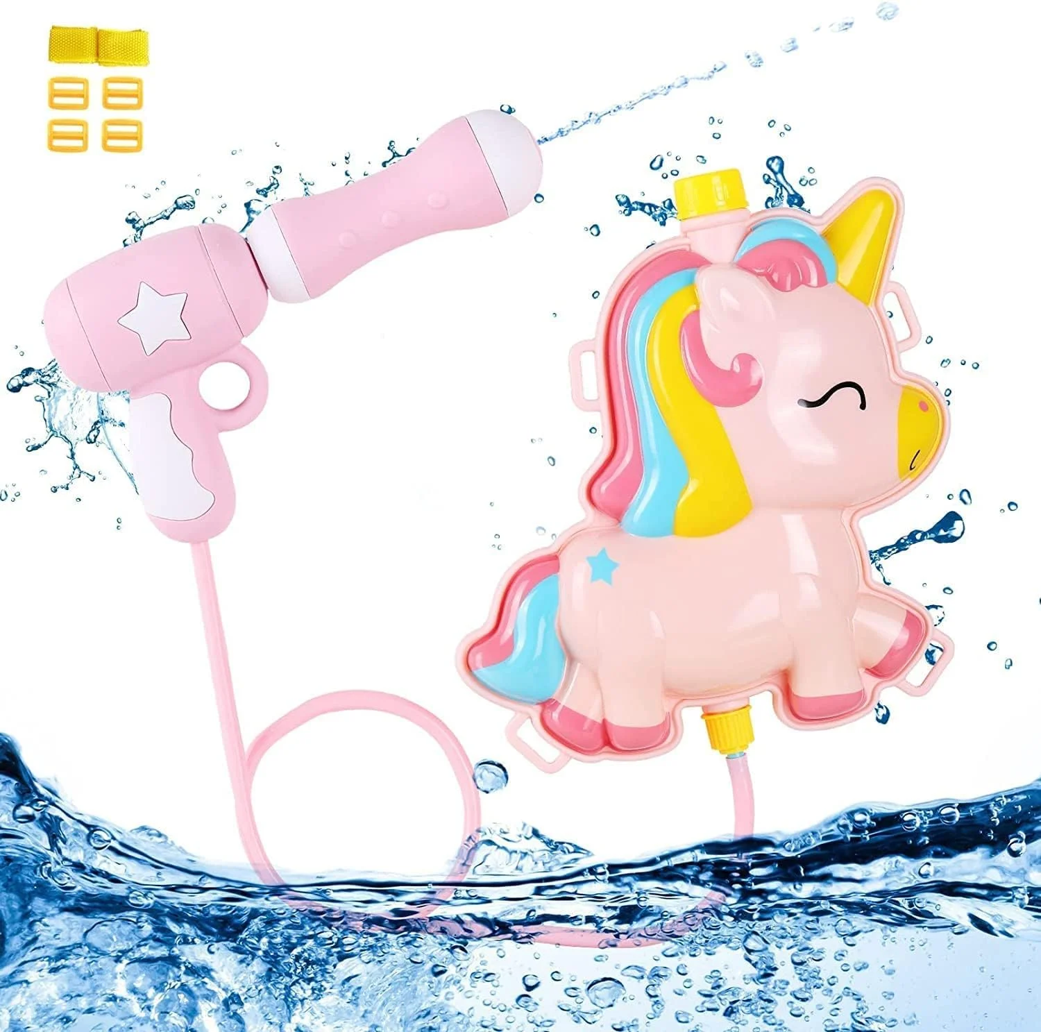تفنگ آب پاش کوله پشتی کودکانه با مخزن 2 لیتری با ظرفیت بالا و بند قابل تنظیم، اسباب بازی های بازی مبارزه با آب در فضای باز ساحل استخر تابستانی کودکان (تک شاخ صورتی)