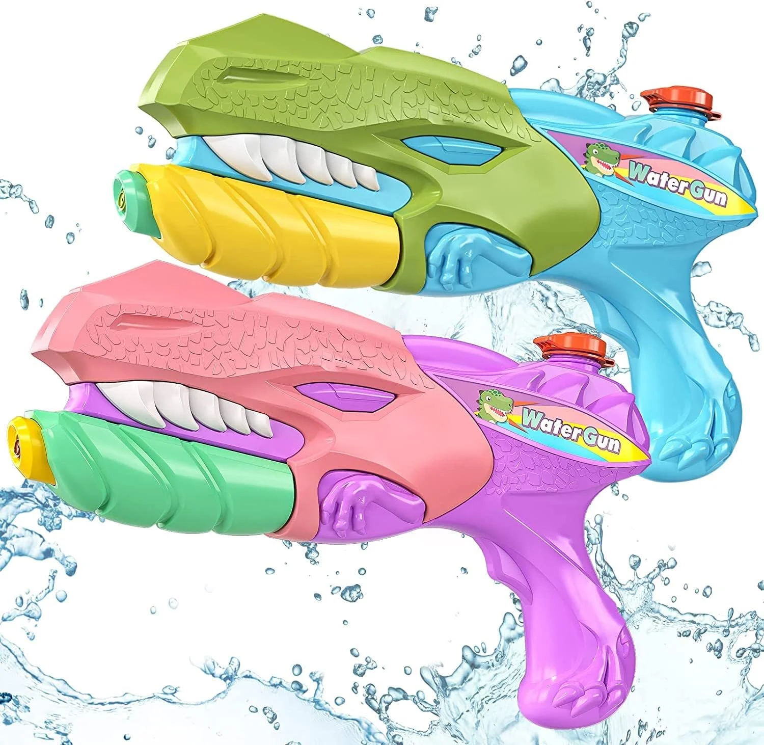 تفنگ آب پاش دایناسوری AM ANNA برای کودکان، بسته 2 عددی تفنگ آب پاش پمپی با برد بالا برای پسران و دختران 3 4 5 6 7 8+ سال، اسباب بازی های فضای باز بازی مبارزه ای تابستانی برای استخر/ساحل/مهمانی