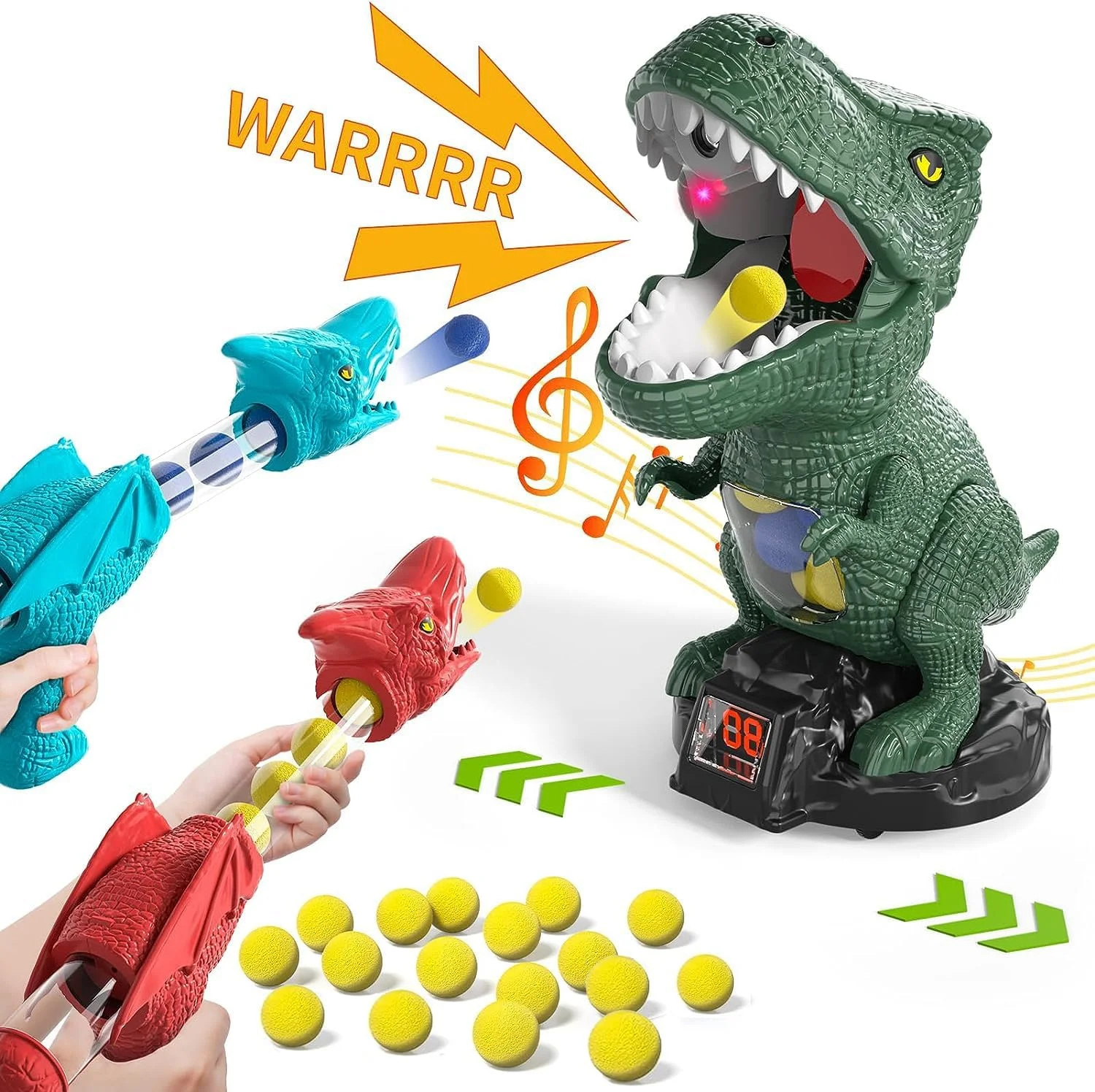 اسباب بازی های تیراندازی دایناسور متحرک AM ANNA برای بازی های تیراندازی هدفمند کودکان با 2 تفنگ پمپ بادی و هدف تیراندازی متحرک و 24 توپ فومی، اسباب بازی های کودکان بازی های داخل و خارج از خانه با ثبت امتیاز، صدا، برای پسران و دختران