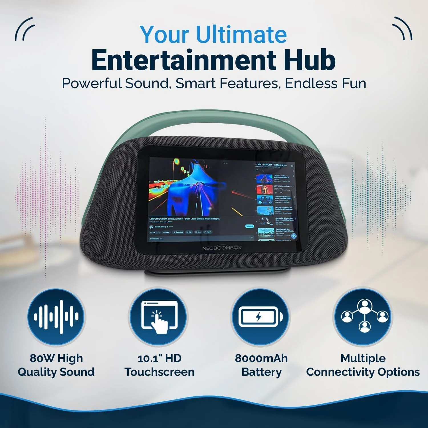 اسپیکر بومباکس هوشمند سولاریس با صفحه لمسی 10.1 اینچی HD، صدای 80 واتی، بلوتوث 5.3، اندروید 13، ورودی HDMI و گیتار، اسپیکر قابل حمل با پشتیبانی از میکروفون، باتری 8000 میلی آمپری برای استفاده در داخل و خارج از خانه