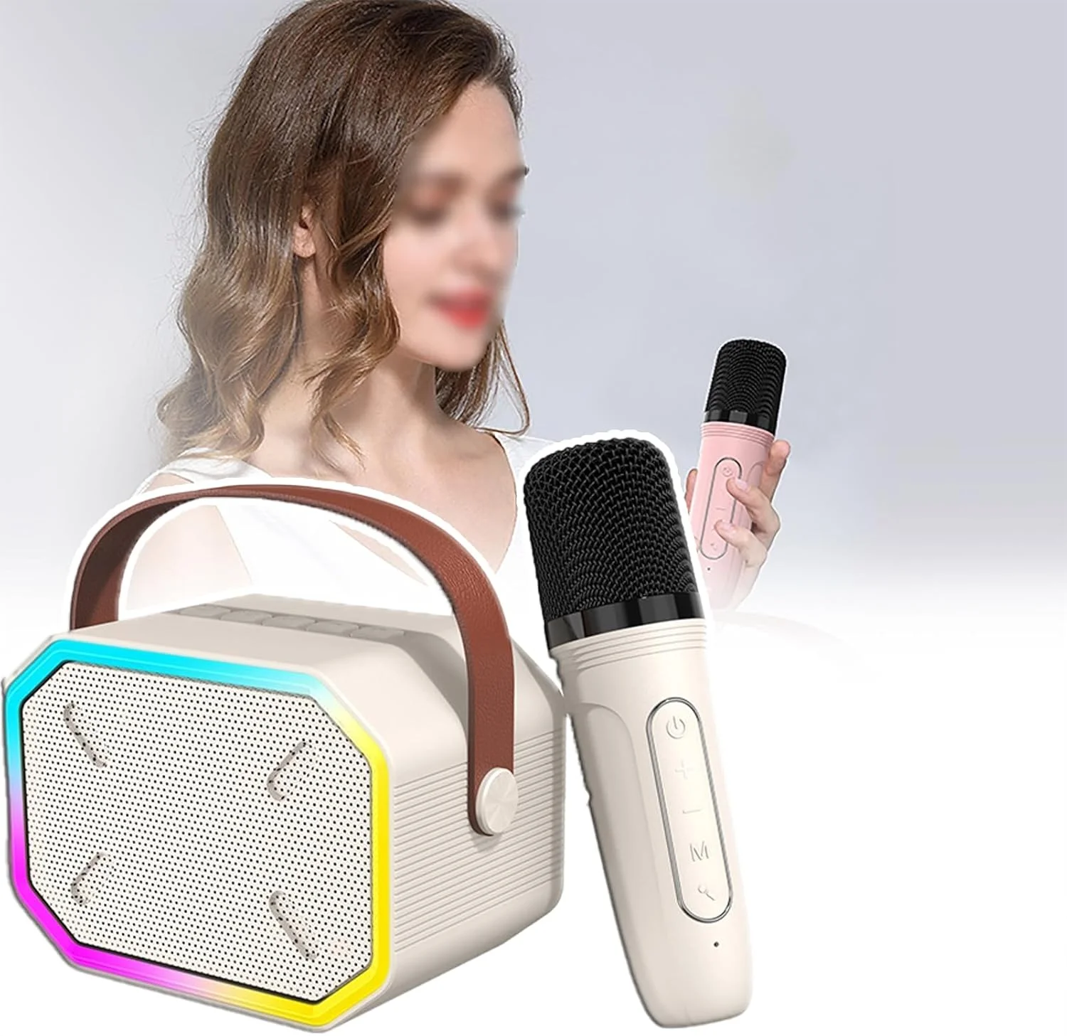 اسپیکر بلوتوث با طراحی دسته، اسپیکر کارائوکه مینی قابل حمل، اسپیکر سطح HIFI، جلوه های نورپردازی رنگارنگ، تغییر صدای جادویی، بی صدا کردن با یک کلیک، سفید