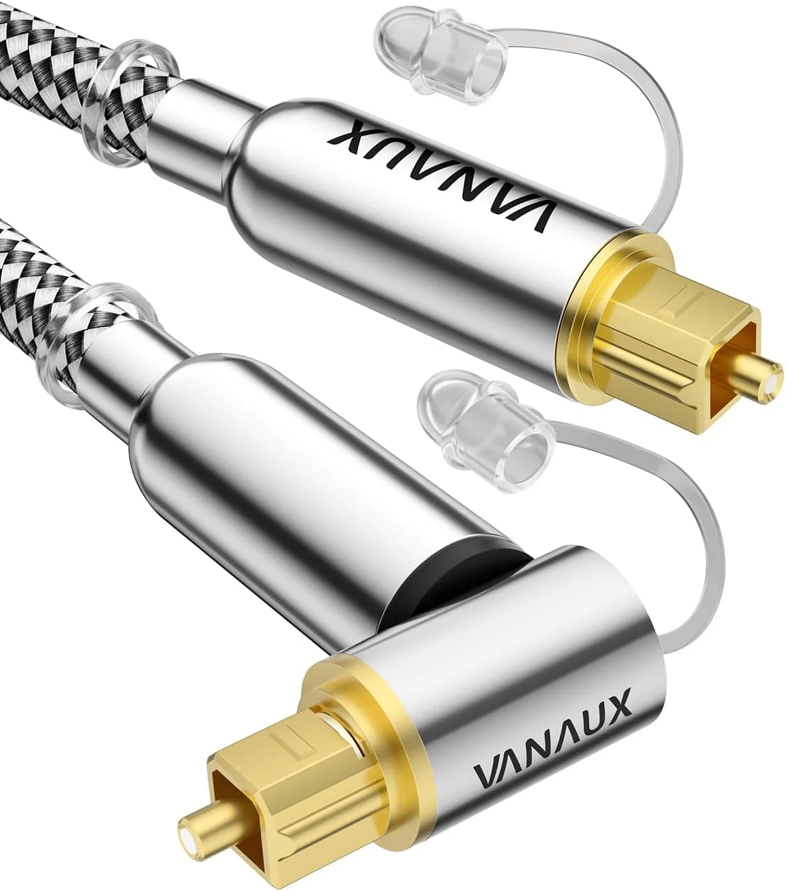 کابل صوتی اپتیکال 90 درجه VANAUX به طول 6 فوت، کابل Toslink فیبر نوری ممتاز (کانکتورهای روکش طلای 24 عیار، پوسته آلیاژ آلومینیوم، ژاکت بافته شده) ایده آل برای فضاهای تنگ، سینمای خانگی، ساندبارها، کنسول های بازی