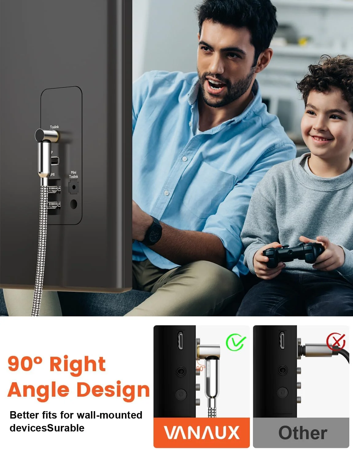 کابل صوتی اپتیکال 90 درجه VANAUX به طول 6 فوت، کابل فیبر نوری Toslink 90 درجه به 90 درجه (اتصالات با روکش طلای 24K، روکش بافته شده) ایده آل برای فضاهای تنگ، سینمای خانگی، ساندبارها، کنسول های بازی