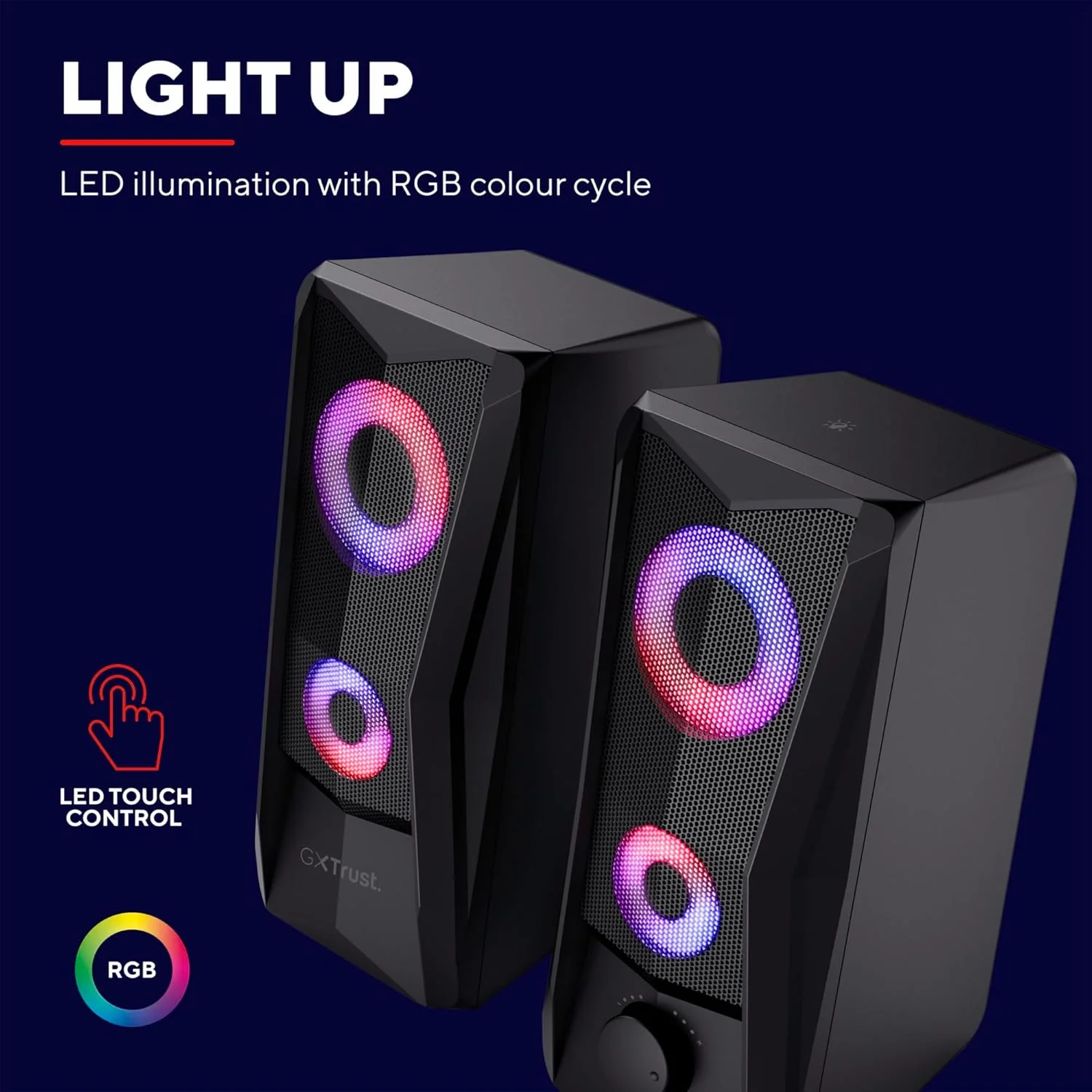 اسپیکر 2.0 تراست گیمینگ GXT 606B Javv با نورپردازی RGB، توان 12 وات (6 وات RMS)، منبع تغذیه USB، جک صوتی 3.5 میلی‌متری، مجموعه اسپیکر جمع و جور، مجموعه اسپیکر استریو PC برای کامپیوتر، لپ تاپ - مشکی