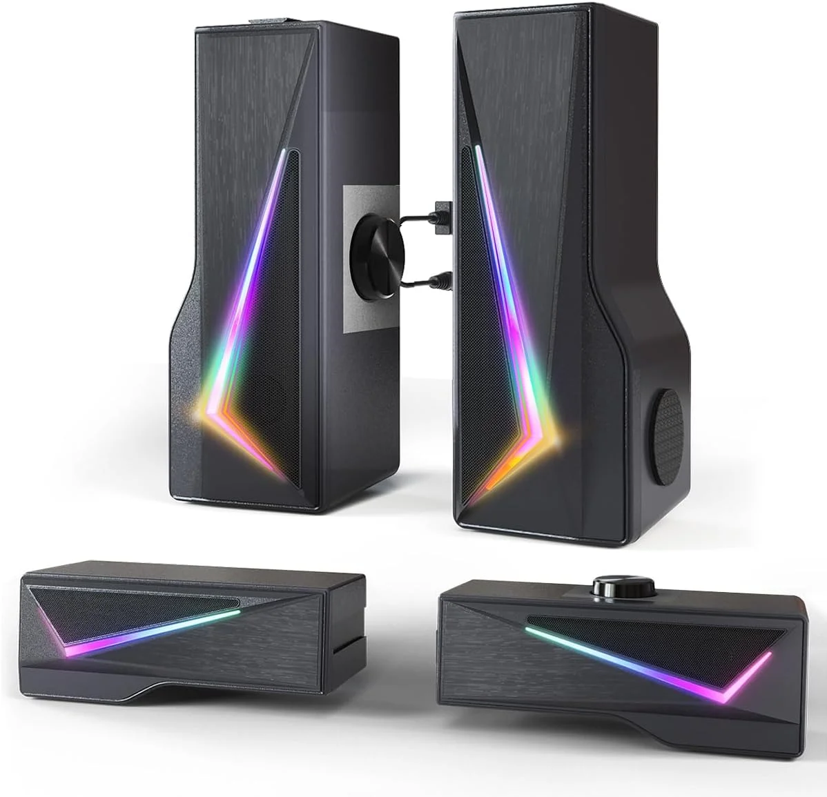 اسپیکر کامپیوتر رومیزی - ساندبار استریو 2 در 1 جداشدنی گیمینگ 2.0 با نورهای RGB رنگارنگ، تغذیه از طریق USB و ورودی AUX 3.5 میلی‌متری برای کامپیوتر، لپ‌تاپ، مانیتور