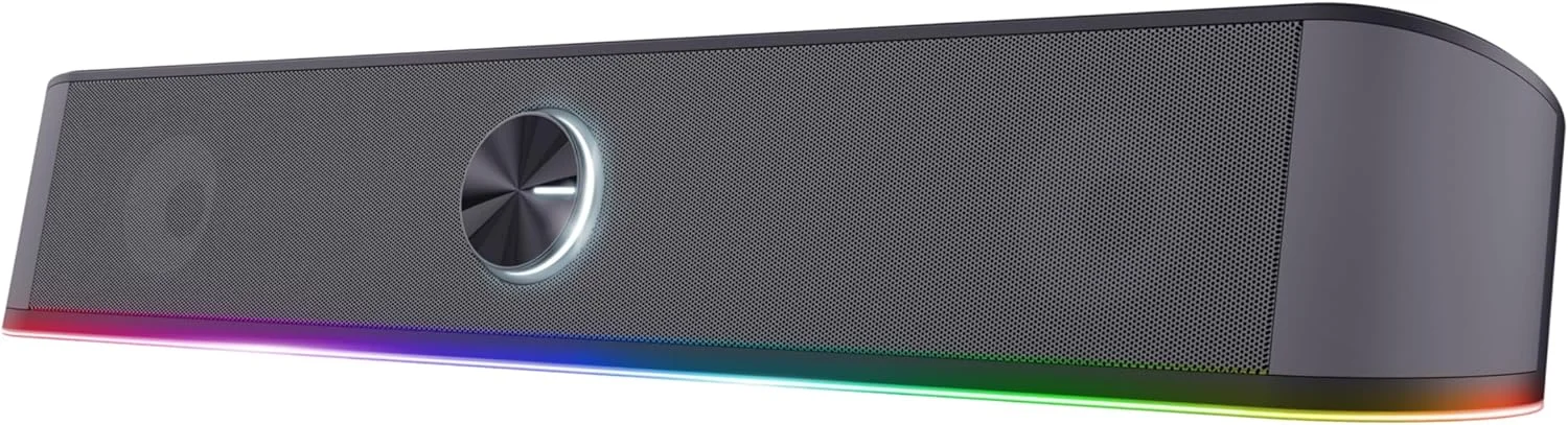 نوار صوتی نورانی RGB تراست گیمینگ GXT 1619 Rhox، بلندگوهای کامپیوتر، توان خروجی 12 وات، نوار صوتی با تغذیه USB، جک 3.5 میلی متری، اتصال آسان، نوار صوتی استریو برای کامپیوتر رومیزی، لپ تاپ، کامپیوتر - مشکی/خاکستری