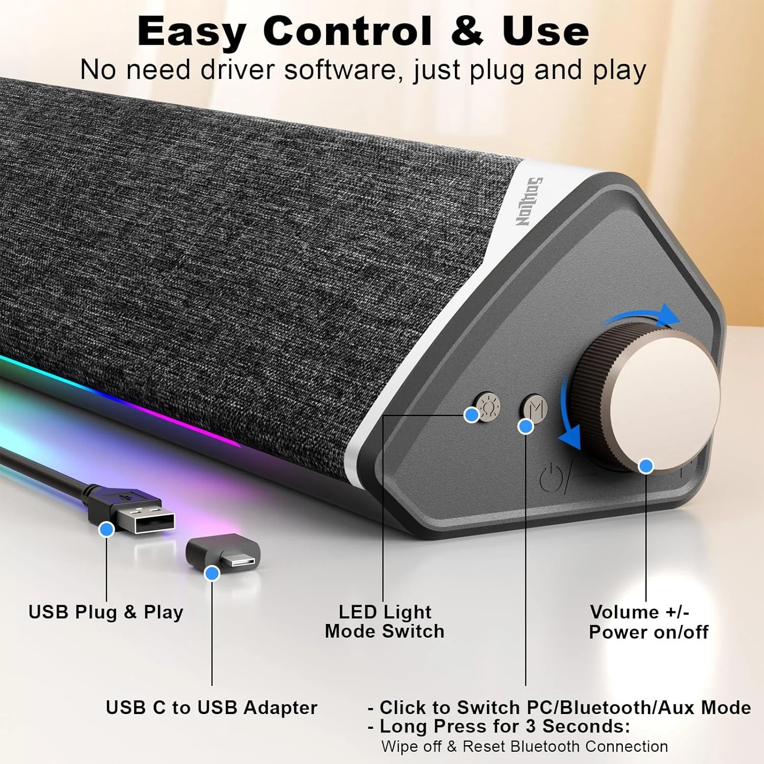 اسپیکر کامپیوتر SOULION R60 ساندبار USB بلوتوث برای لپ تاپ، مانیتور، بازی، تغذیه از طریق USB Type C، جعبه های کامپیوتر LED با جک 3.5 میلی متری