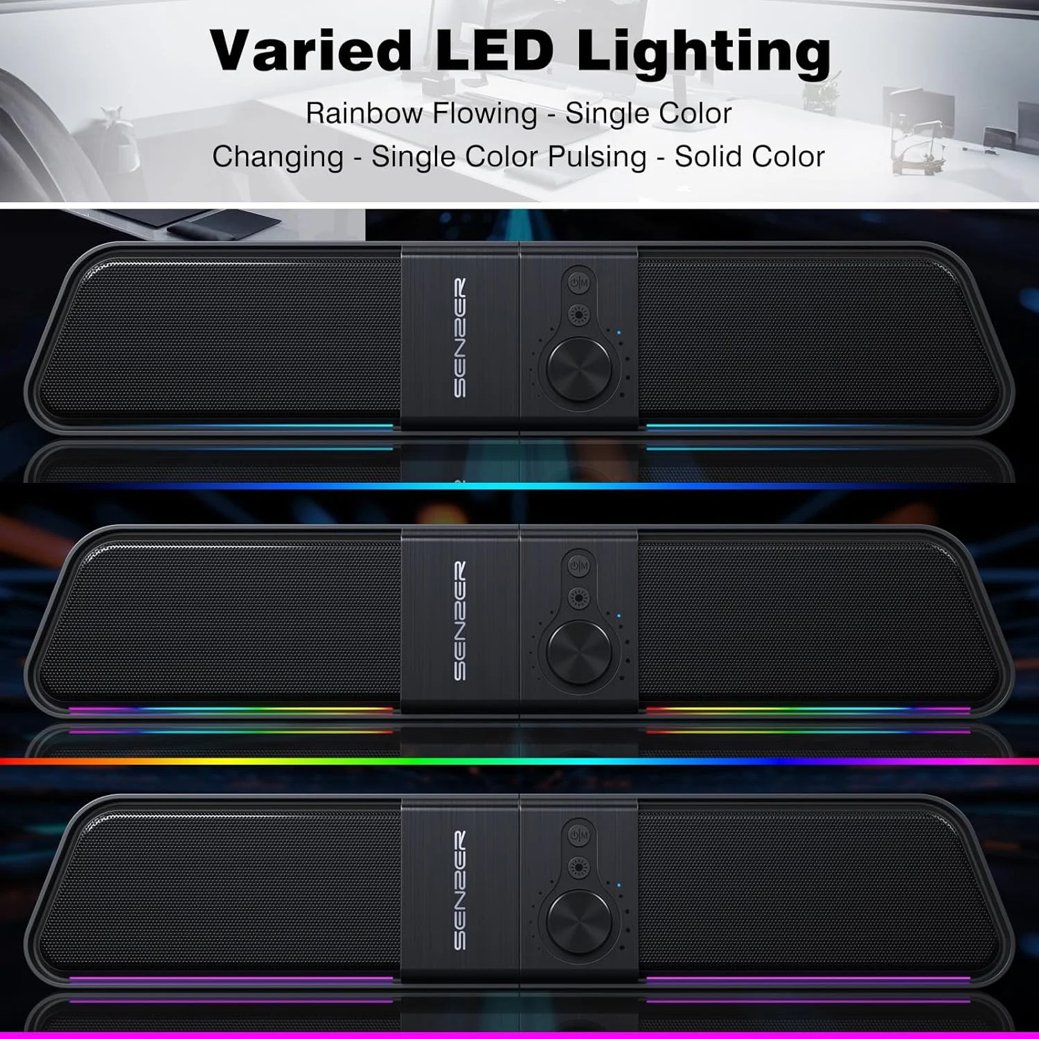 اسپیکر کامپیوتر SENZER CS20، اسپیکر ساندبار گیمینگ LED با جریان بلوتوث با تغذیه USB برای مانیتور دسکتاپ لپ تاپ (بدون جک 3.5 میلی متری)