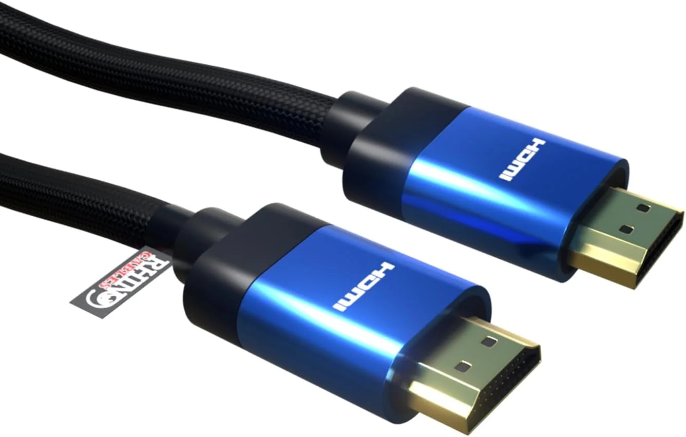 کابل HDMI راینوکابلز 8K | کابل بافته شده با سرعت بالا | پشتیبانی از HDR و 3D | HDMI ARC برای ساندبار | سازگاری جهانی با تلویزیون ها و کنسول های بازی، آبی 2 متری