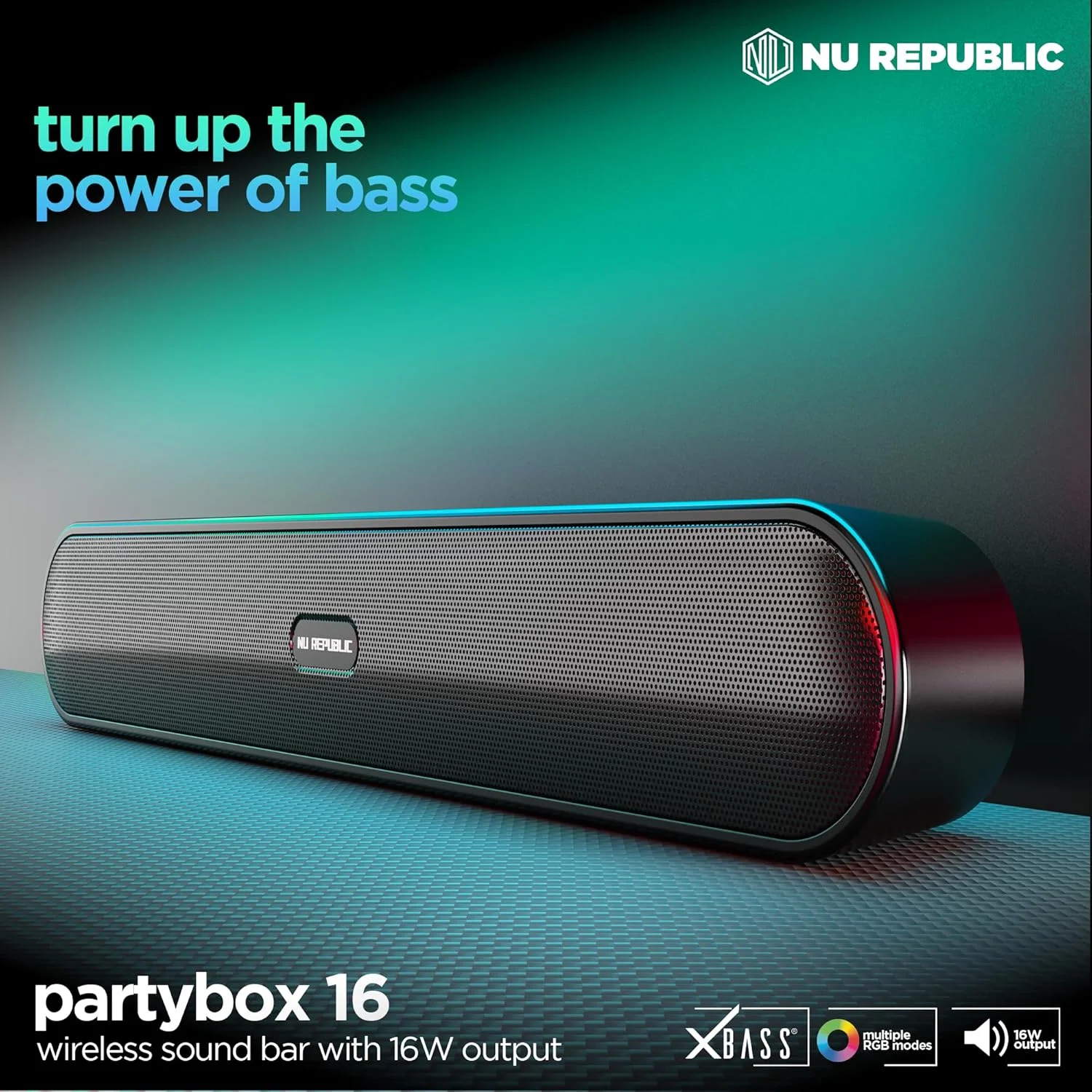اسپیکر بلوتوثی نو ریپابلیک پارتی باکس 16، ساندبار با فناوری X-Bass، تا 10 ساعت پخش، نورهای ال ای دی RGB چندگانه، خروجی 16 وات (مشکی، 2.0 کانال)