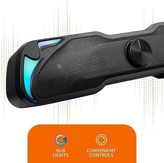 اسپیکر ساندبار چند رسانه ای 6 واتی پایه ای برای کامپیوتر با اتصال AUX، پشتیبانی از USB، کنترل صدا و نورهای RGB (AB- YM-135) - مشکی (بازسازی شده)