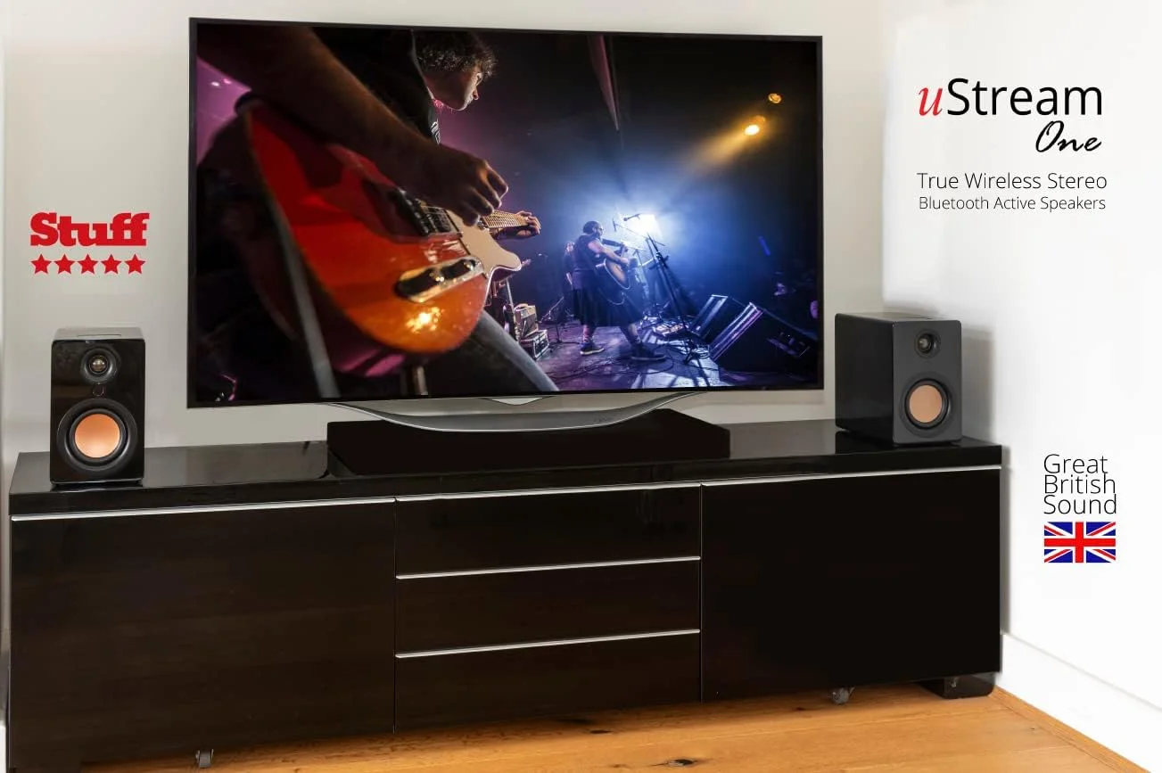 اسپیکرهای بلوتوثی Mitchell Acoustics uStream One - بدون سیم اتصال بین چپ و راست - آمازون اکوی خود را به یک سیستم استریوی بی سیم فعال با صدا تبدیل کنید - مشکی