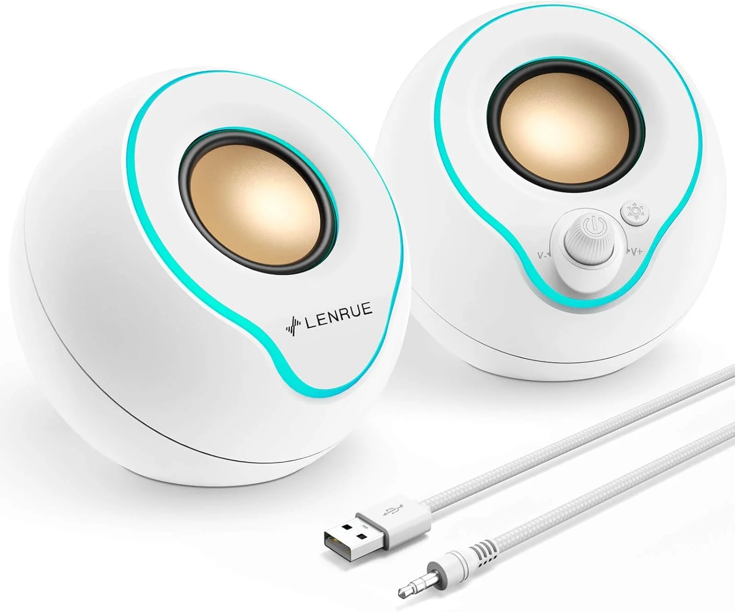 اسپیکر کامپیوتر LENRUE، اسپیکرهای کامپیوتر با دکمه چراغ های رنگارنگ، دکمه تنظیم صدا، زاویه 45 درجه، صدای بلند، AUX و USB برای کامپیوتر، مانیتور رومیزی، لپ تاپ