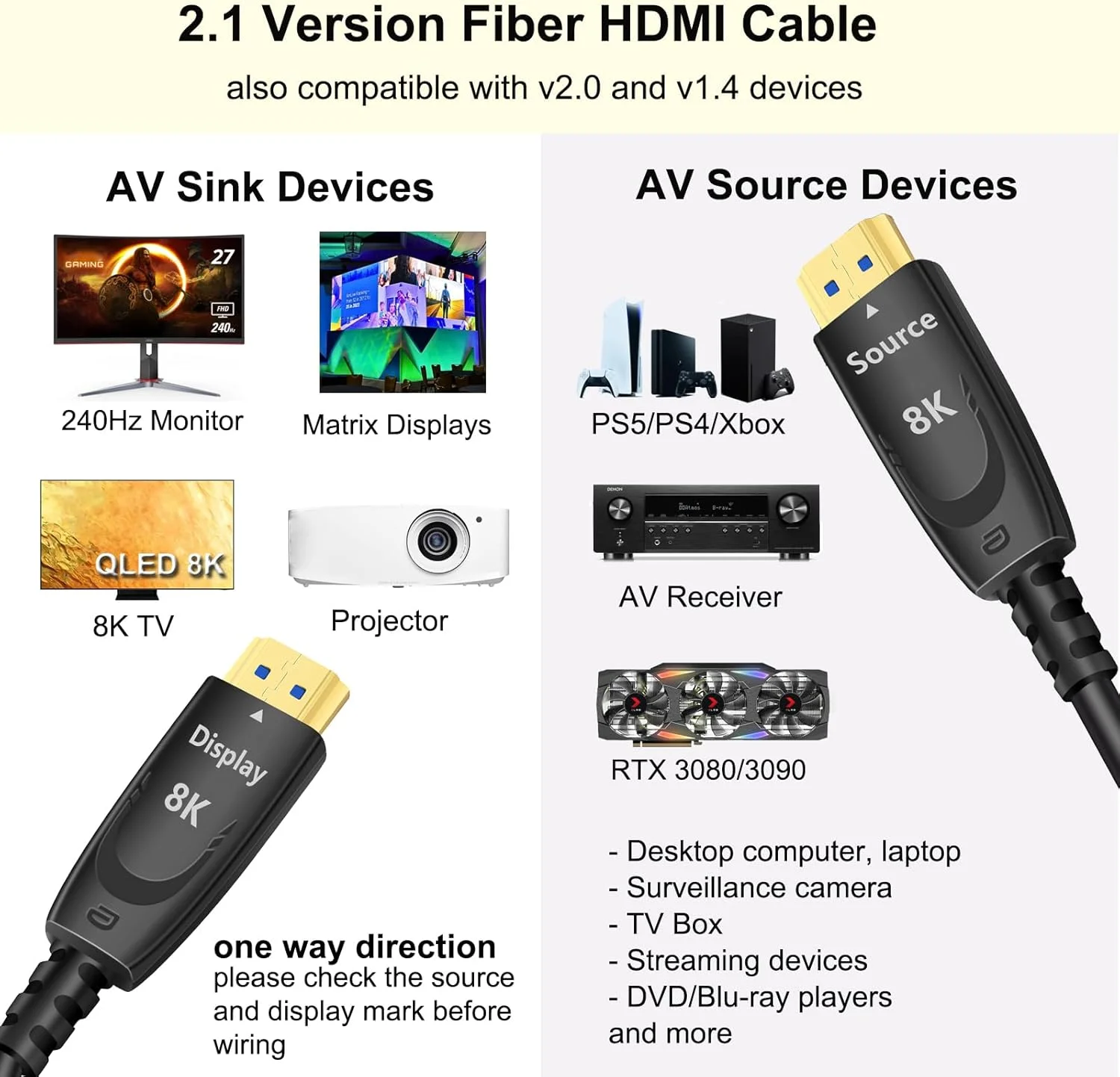 کابل فیبر نوری HDMI دی-تک 8K به طول 7.6 متر، کابل HDMI 8K@60Hz 4K@120Hz 2.1 با سرعت فوق العاده بالا 48Gbps، سازگار با Fire TV، ساندبار، PS5، PS4، Xbox، مانیتور 1440p 240Hz