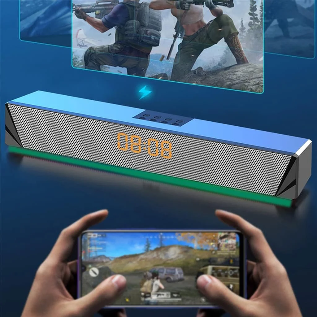 اسپیکر رومیزی 2x5W با بلوتوث 5.0، ساعت زنگ دار، نمایشگر زمان، پشتیبانی از AUX، کارت حافظه USB TF برای تلویزیون، لپ تاپ، کامپیوتر، تلفن هوشمند