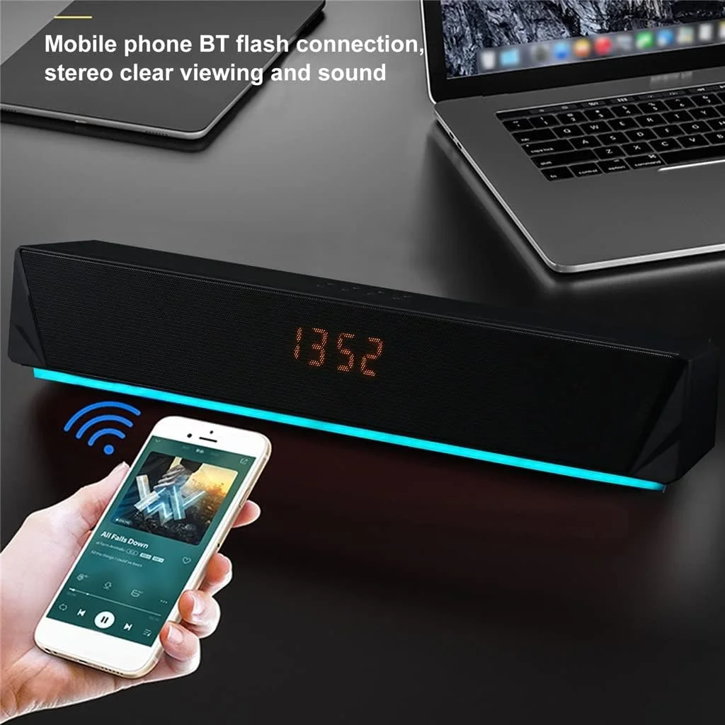 اسپیکر رومیزی 2x5W با بلوتوث 5.0، ساعت زنگ دار، نمایشگر زمان، پشتیبانی از AUX، کارت حافظه USB TF برای تلویزیون، لپ تاپ، کامپیوتر، تلفن هوشمند