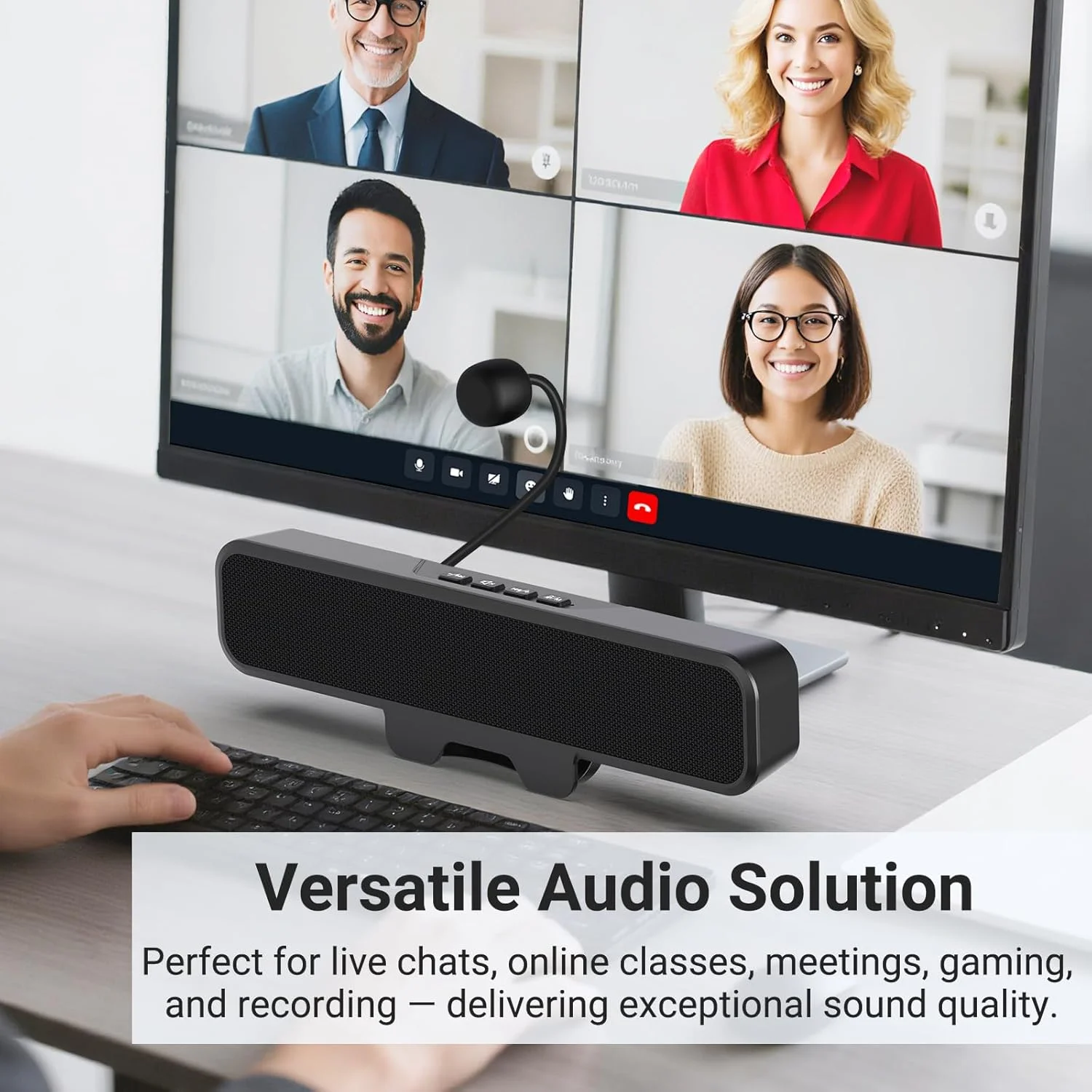 اسپیکر کامپیوتر با میکروفون برای کامپیوتر رومیزی، اسپیکرهای مانیتور USB با گیره، ساندبار سیمی لپ تاپ، استریو و باس، اسپیکر کامپیوتر با میکروفون برای جلسه/بازی/آموزش آنلاین، به راحتی به مانیتور متصل می شود