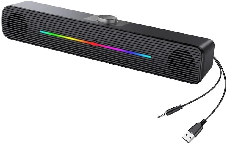 اسپیکرهای کامپیوتر، ساندبار رایانه شخصی با نورهای ال ای دی RGB رنگارنگ، اسپیکرهای استریو با تغذیه USB برای بازی لپ تاپ، دسکتاپ و مانیتور کامپیوتر، اتصال Aux 3.5 میلی متری، کنترل صدا
