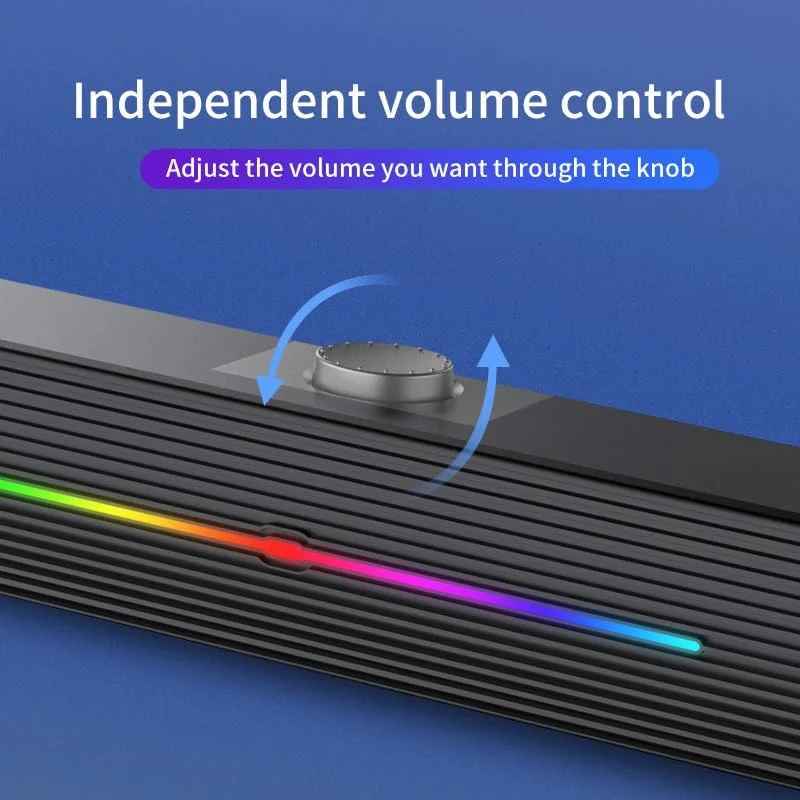 اسپیکرهای کامپیوتر، ساندبار رایانه شخصی با نورهای ال ای دی RGB رنگارنگ، اسپیکرهای استریو با تغذیه USB برای بازی لپ تاپ، دسکتاپ و مانیتور کامپیوتر، اتصال Aux 3.5 میلی متری، کنترل صدا