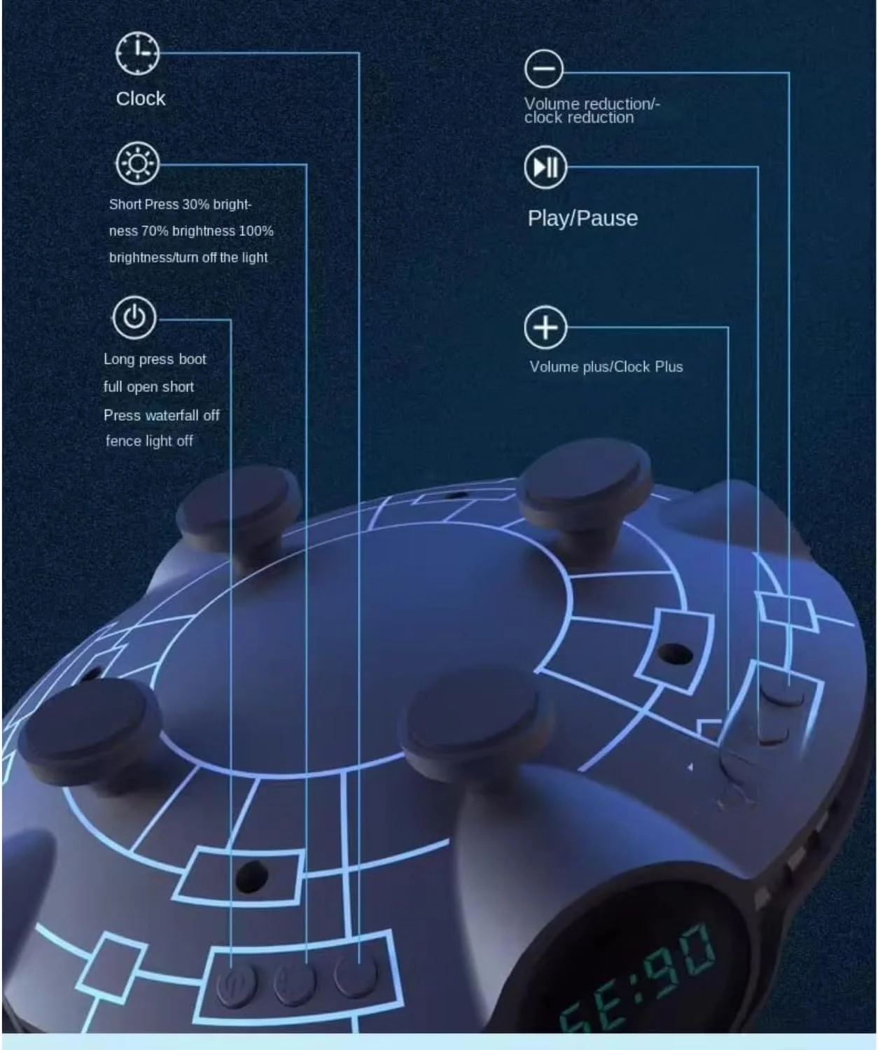 اسپیکر بلوتوث با نور RGB، جلوه آبشار، ساعت بی‌سیم و تصفیه کننده هوا به همراه کنترل از راه دور