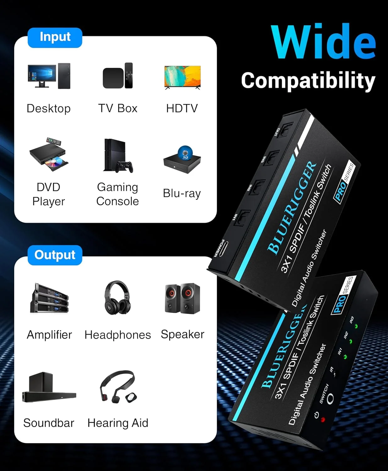 سوئیچ دیجیتال Toslink اپتیکال BlueRigger 3x1 - (LPCM 2.0، سوئیچر صوتی اپتیکال SPDIF با کنترل از راه دور IR، سوئیچ فیبر نوری 3 در 1) - سازگار با کنسول بازی، تلویزیون های HD، آمپلی فایر، ساندبار