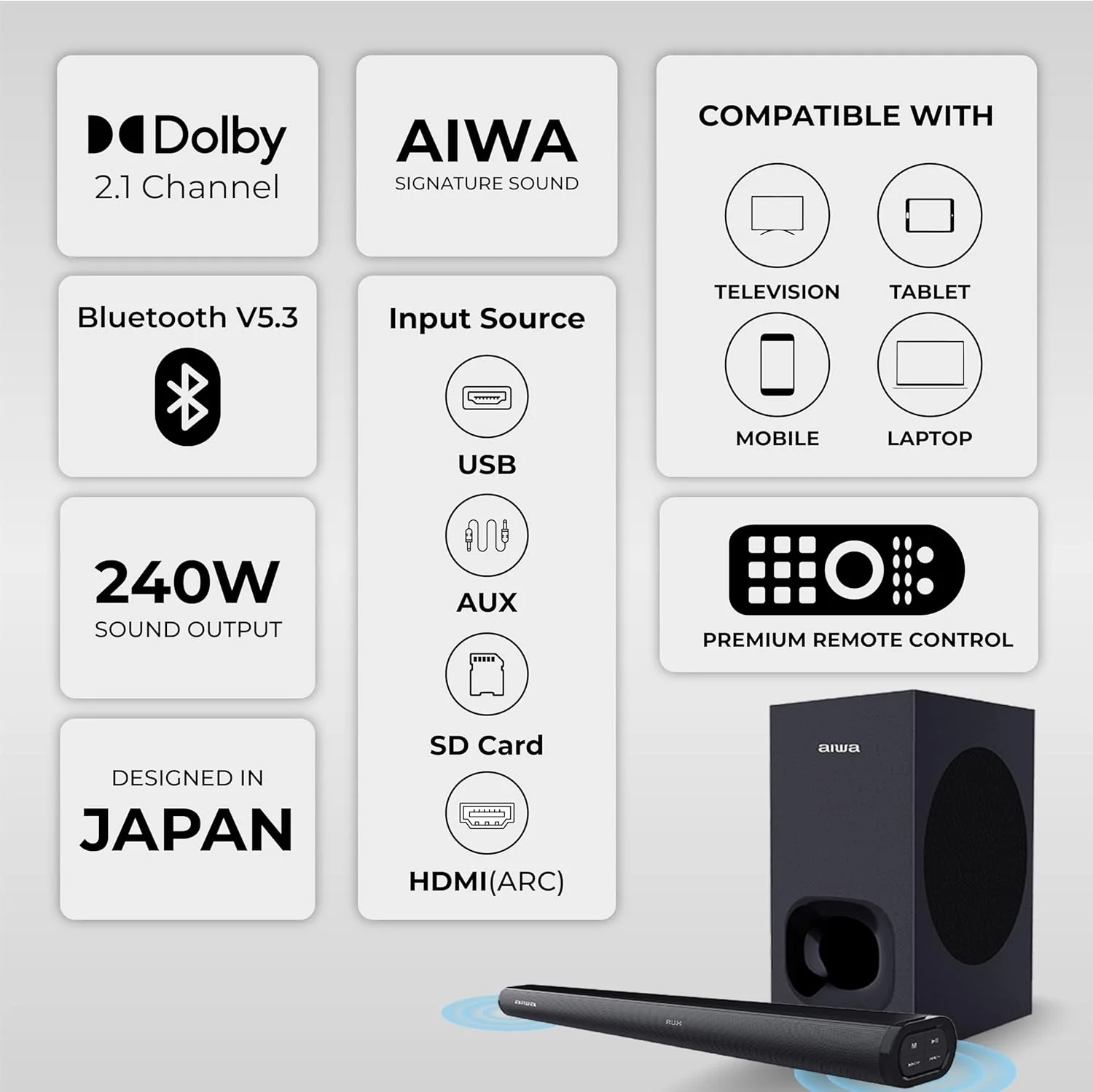 ساندبار Aiwa | ساندبار قابل حمل با بیس قدرتمند و میکروفون داخلی | Satori - AW-SSB240 (مشکی)