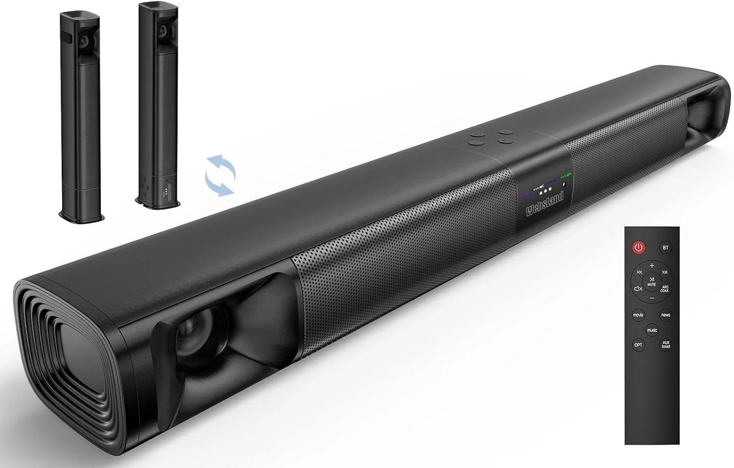 اسپیکر نواری برای تلویزیون، ساندبار 80 واتی با توییترهای دوگانه هورن، ووفر های چهارتایی، اتصال ARC/AUX/Optical، ساندبار بلوتوث 5.3، طراحی جداشدنی 2 در 1، سیستم صدای فراگیر برای تلویزیون، قابل نصب روی دیوار