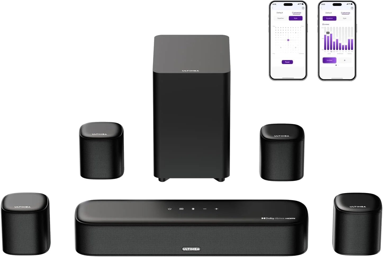 سیستم صوتی سینمای خانگی التیمیا Aura A60 7.1 دالبی اتموس با ساب ووفر، سیستم صوتی تلویزیون با اپلیکیشن، سیستم سینمای سه بعدی فراگیر با 4 بلندگوی فراگیر، تلویزیون با HDMI eARC 350 وات، بلوتوث