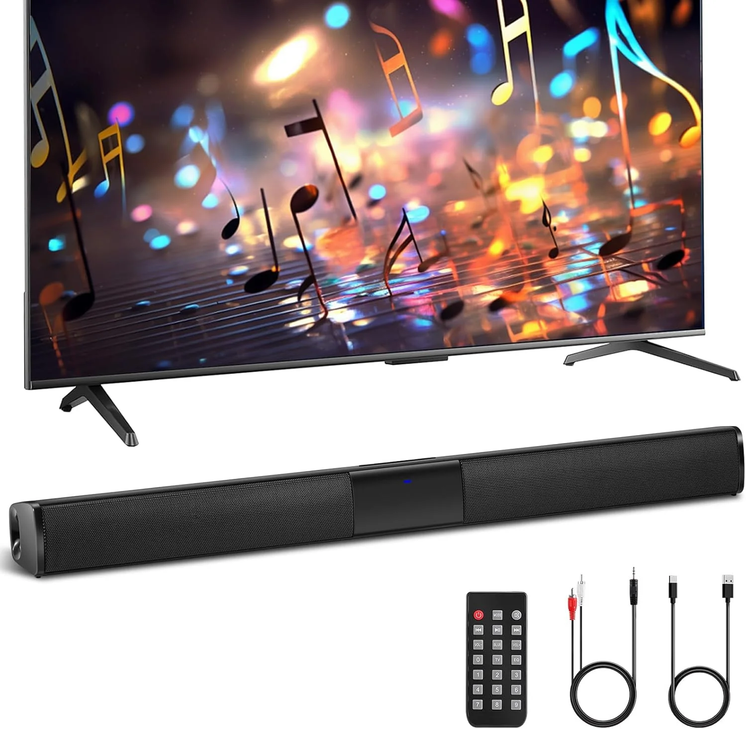 اسپیکر نواری 21 اینچی برای تلویزیون هوشمند، اسپیکر بلوتوثی جمع و جور 20 واتی با 4 بلندگو، 6 اکولایزر، سیستم صوتی خانگی قابل شارژ برای تلویزیون با کنترل از راه دور، پشتیبانی از AUX/SD/FM/RCA/TWS