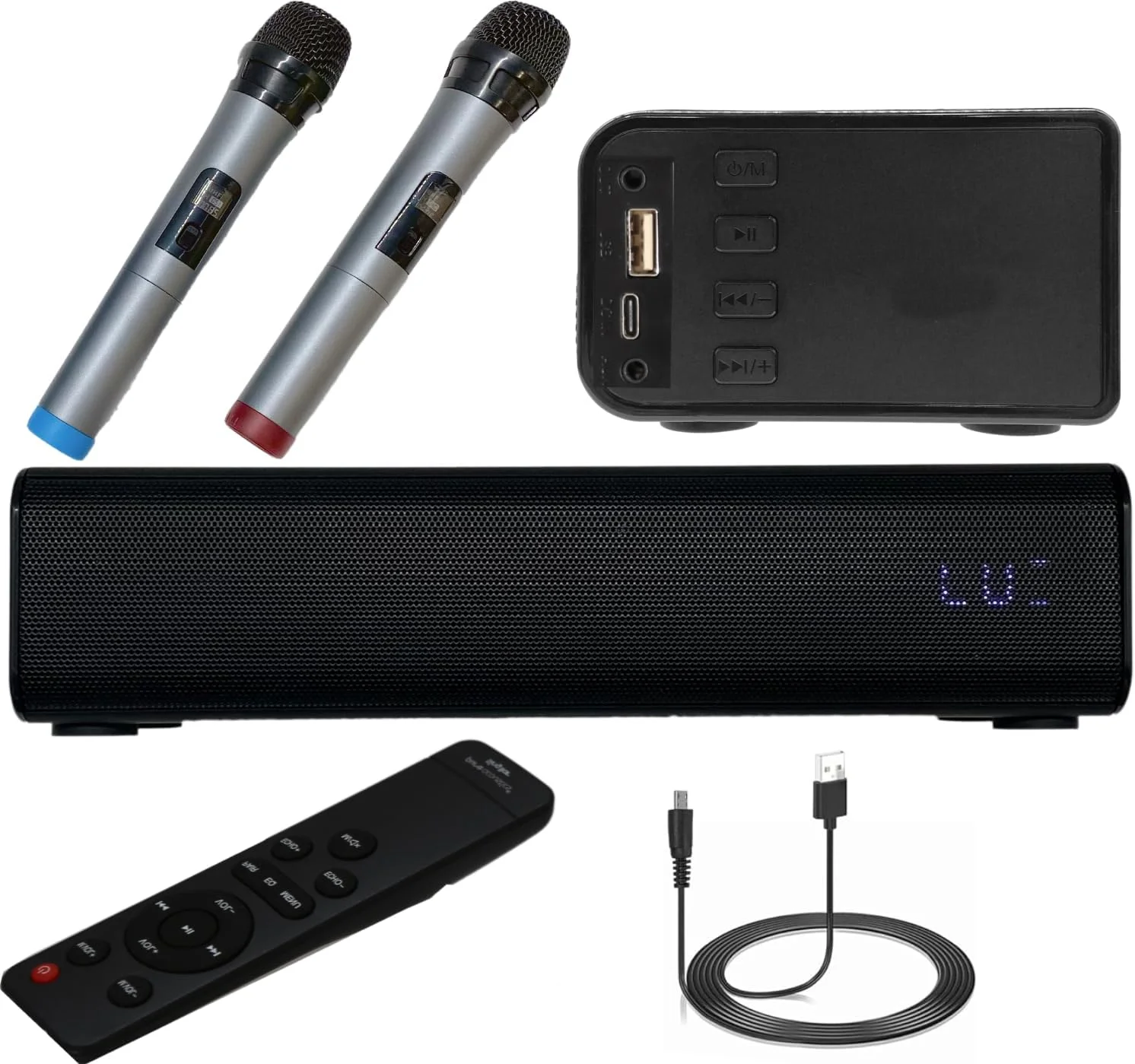 پایل ساندبار بی‌سیم با میکروفون و کنترل از راه دور، 10 اینچ 20 وات 2 میکروفون بی‌سیم، 5.0، A2DP، AVRCP سیستم صوتی کارائوکه بلوتوث، USB، AUX-in، AUX Out