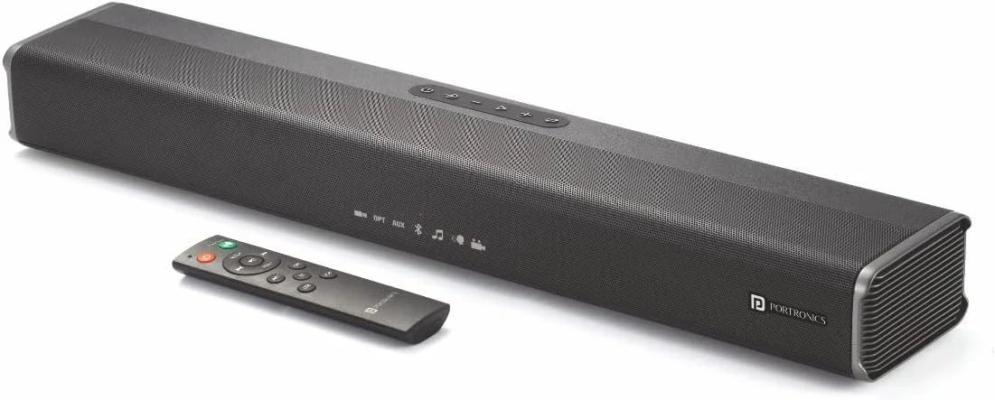 ساندبار بلوتوثی بی سیم 80 واتی Portronics Sound Slick 5 با نمایشگر LED، ورودی 3.5 میلی متری AUX، پشتیبانی از USB، پورت ورودی اپتیکال، کنترل از راه دور (مشکی)
