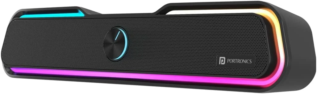 اسپیکر ساندبار بلوتوثی بی سیم 10 واتی پورتronics Decibel 22 با نور RGB، کنترل کننده صدا، درگاه AUX 3.5 میلی متری (مشکی)