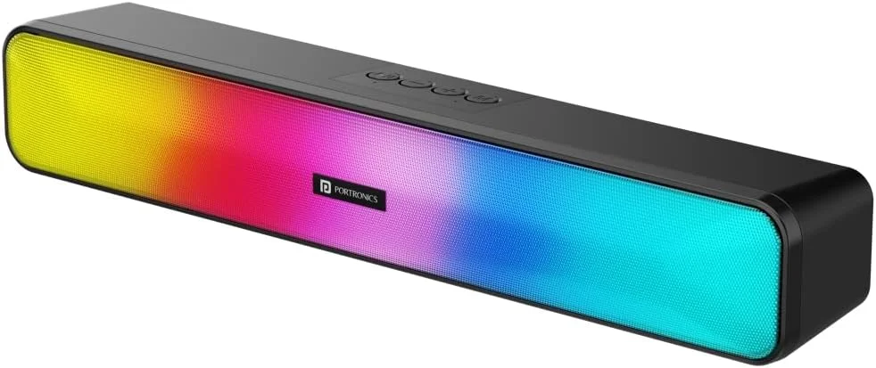 پورتronics Radian نوار صوتی استریو بلوتوث 16 واتی با نورهای LED چند رنگ، کارت حافظه، کابل AUX، USB و میکرو SD، مشکی