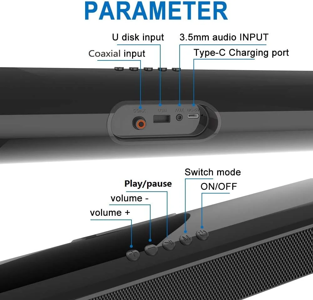 اسپیکر قابل حمل برای تلویزیون/کامپیوتر، 105dB بلوتوث 5.0 بیسیم و باسیم با باتری 2200 میلی آمپر، صدای فراگیر سه بعدی سینمای خانگی ساب ووفر داخلی با کنترل از راه دور برای پروژکتورها/تلفن ها/تبلت ها اسپیکر قابل حمل برای تلویزیون/کامپیوتر، 105dB بلوتوث 5.0 بیسیم و باسیم با باتری 2200 میلی آمپر، صدای فراگیر سه بعدی سینمای خانگی ساب ووفر داخلی با کنترل از راه دور برای پروژکتورها/تلفن ها/تبلت ها