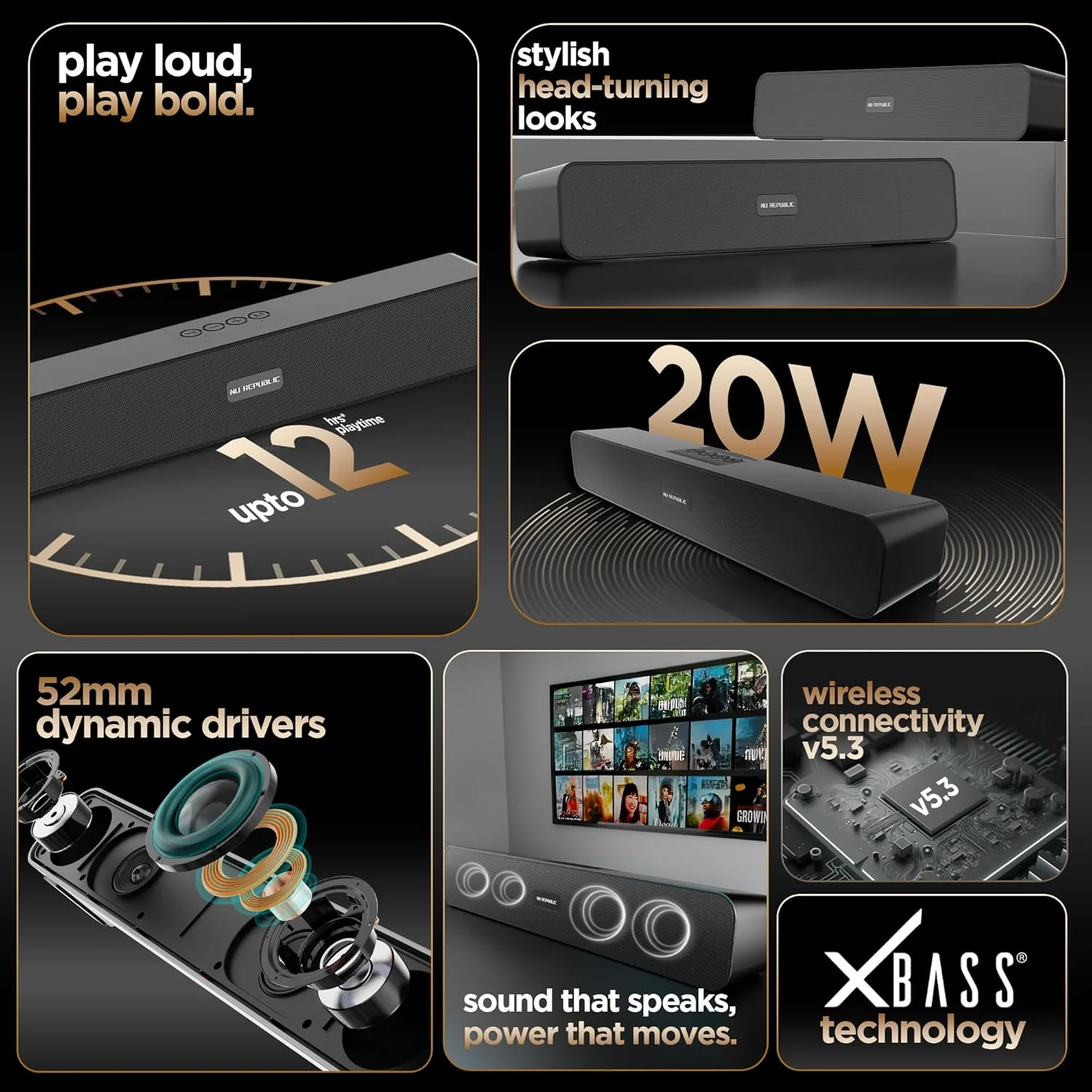 نوار صوتی بلوتوثی Nu Republic Soundbar 20 با فناوری X-Bass، درایورهای دینامیک 52 میلی‌متری، تا 12 ساعت پخش، خروجی 20 وات، پورت Aux/USB (5.0 کانال) (مشکی)