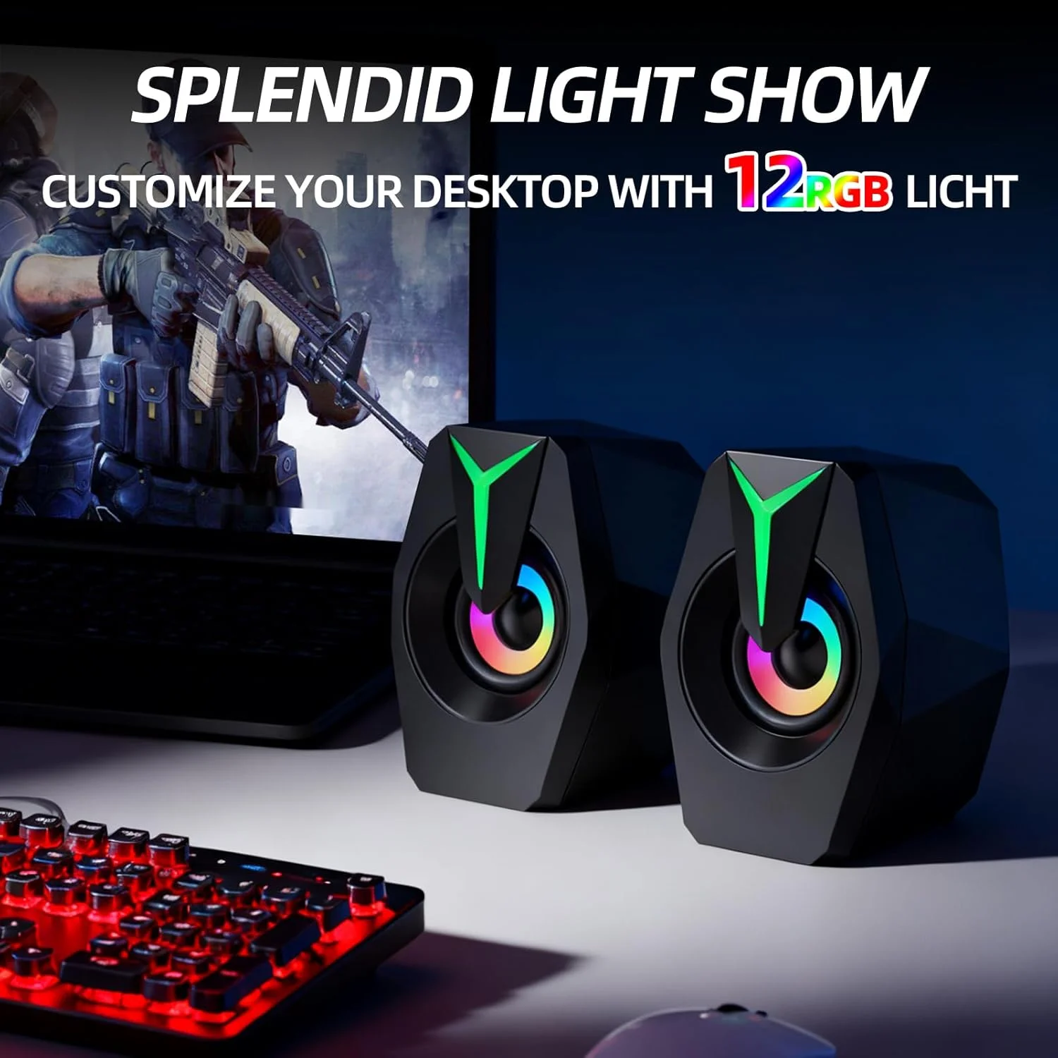 اسپیکر کامپیوتر گیمینگ RGB با بلوتوث 5.0، ساندبار USB برای کامپیوتر با کنترل از راه دور و نورپردازی پویا برای دسکتاپ، لپ تاپ، مانیتور (مشکی)